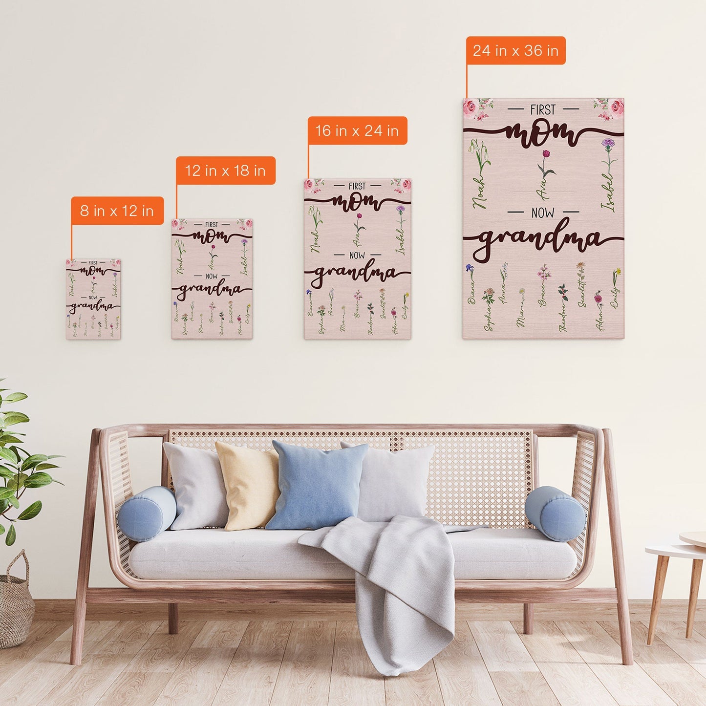 Heartfelt 'First Mom Now Grandma' Personalized Canvas with Birth Flowers