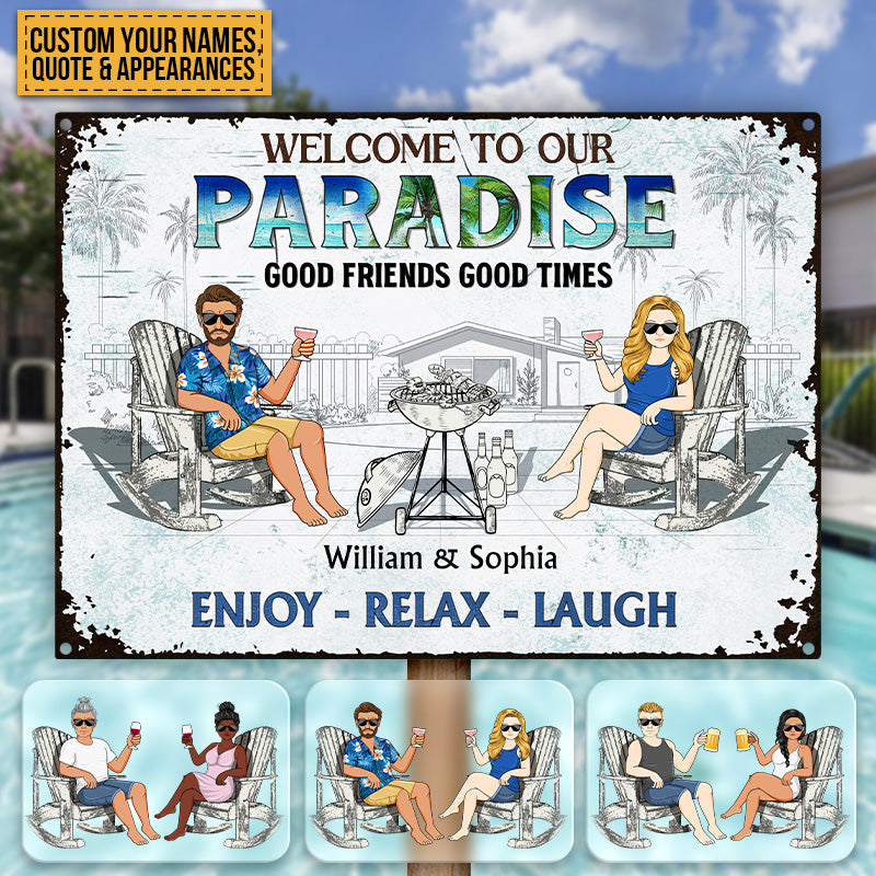 Personalized Pool Patio Metal Sign: "Neighbors Listen to Good Music!"