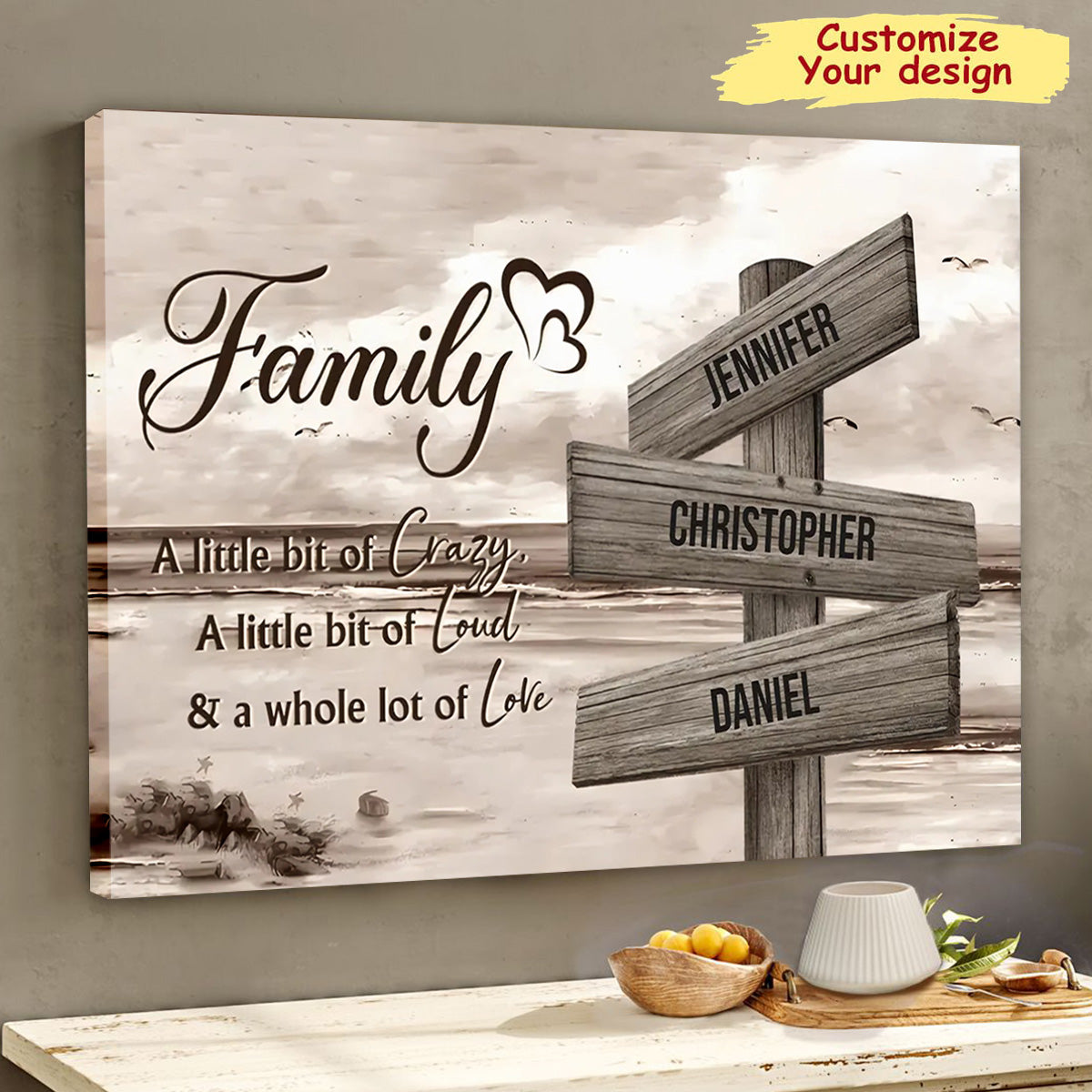 Personalized Family Beach Canvas / Poster: "Crazy, Loud & Love" Sign with Names