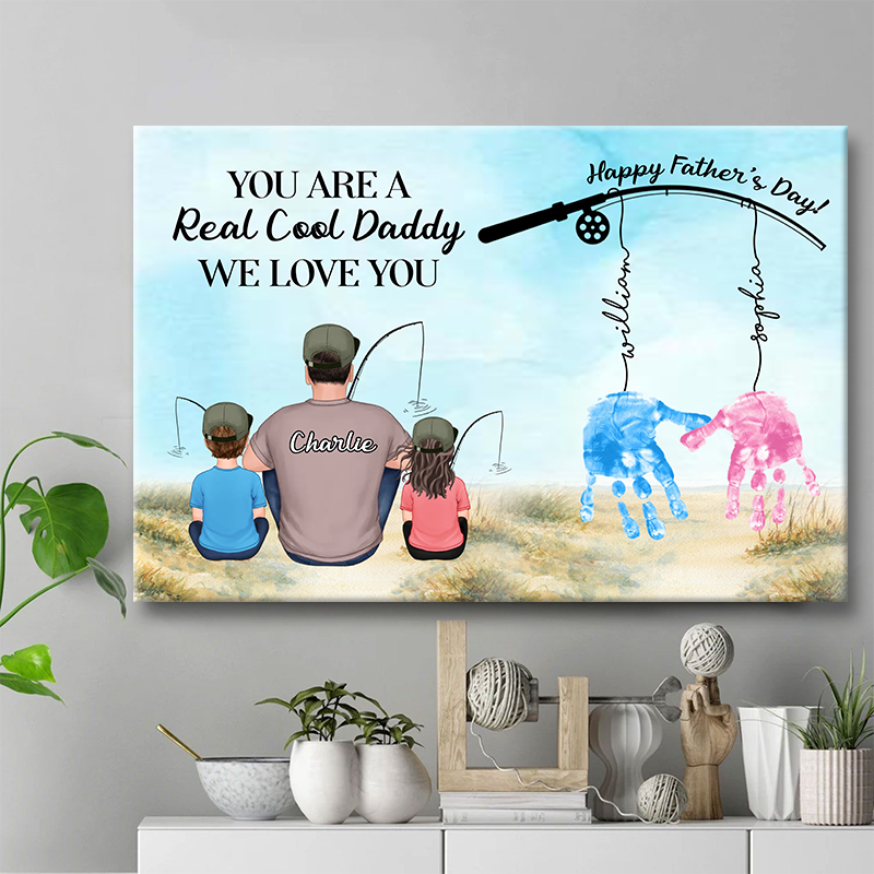 Heartfelt Custom Fishing Canvas: 'Real Cool Daddy We Love You' Gift for Dad