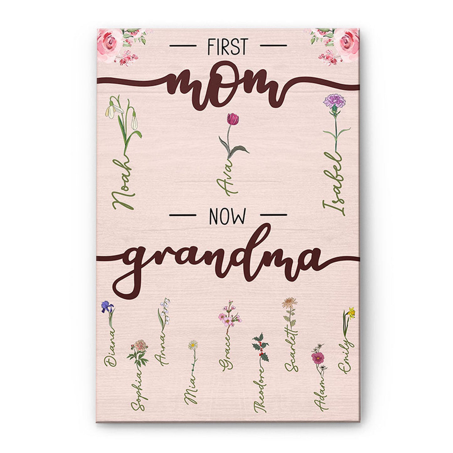 Heartfelt 'First Mom Now Grandma' Personalized Canvas with Birth Flowers