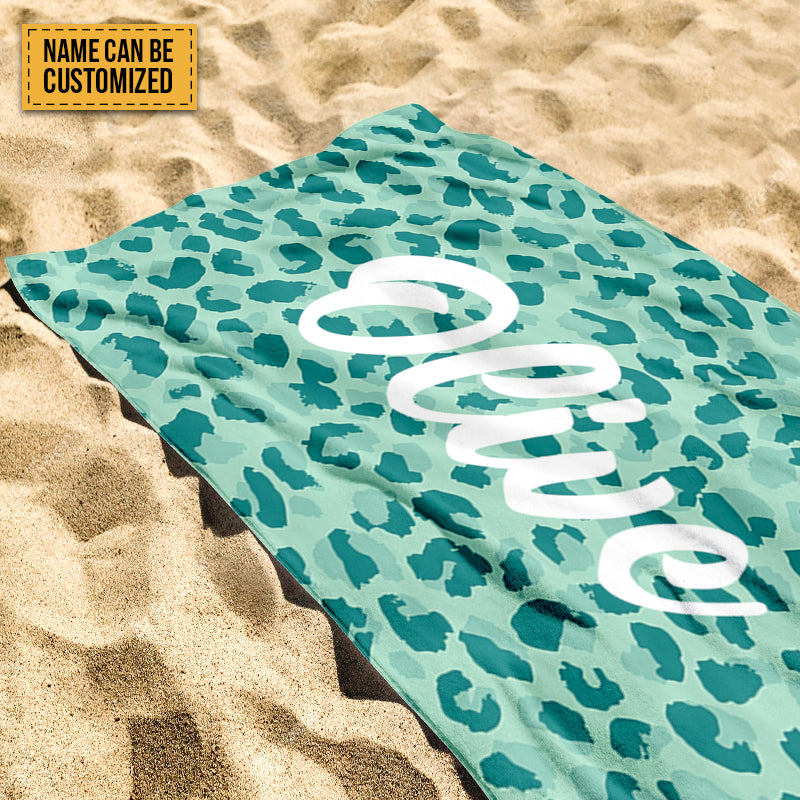 Personalized Blue Leopard Beach Towel - Custom Name Summer Accessory
