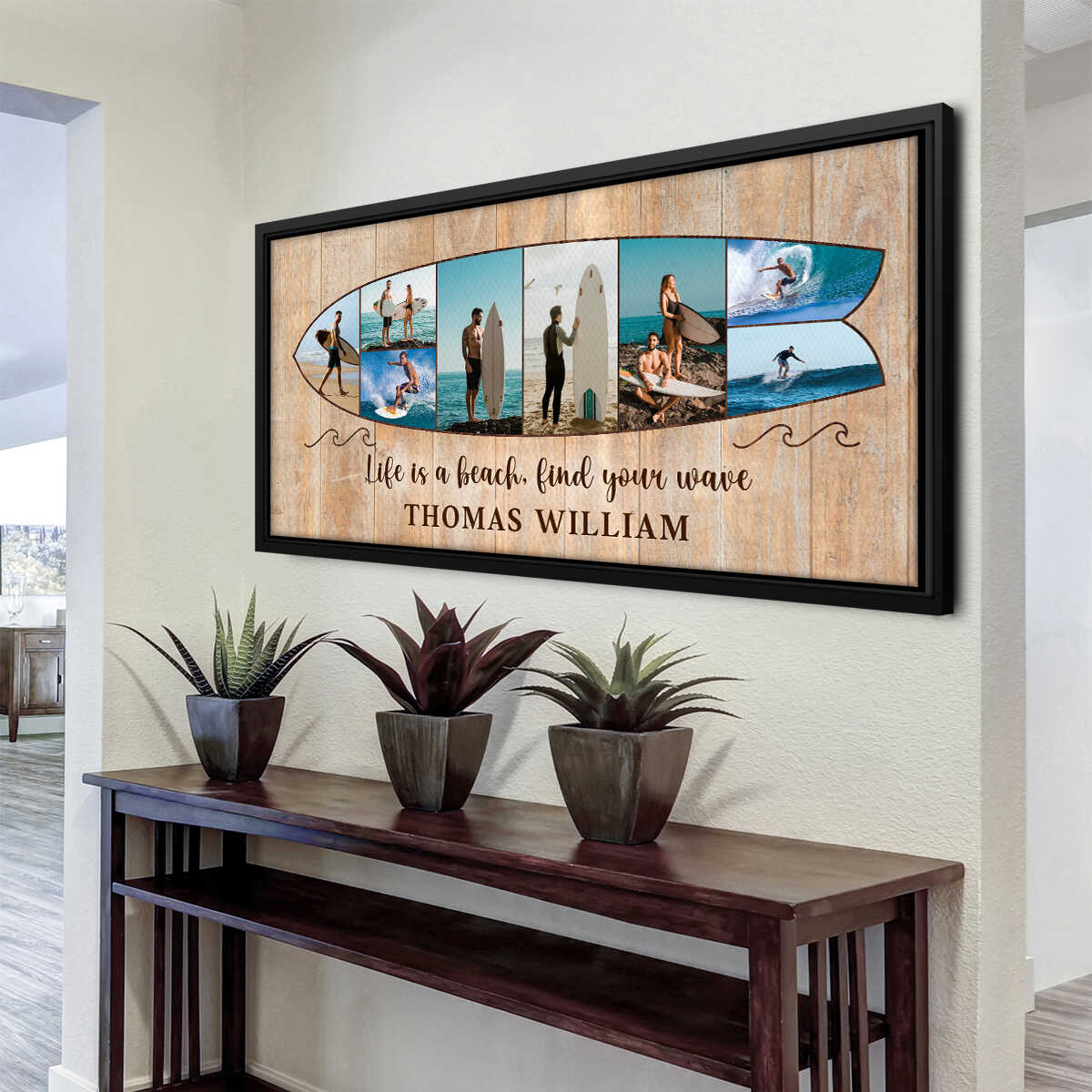 Personalized Surfboard Photo Canvas: 'Life is a Beach, Find Your Wave' Wall Art