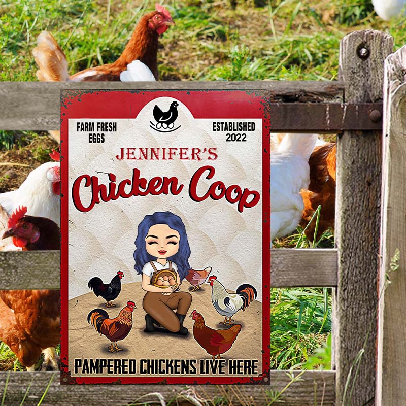 Personalized Chicken Coop Metal Sign: Pampered Chickens Live Here Farm Decor