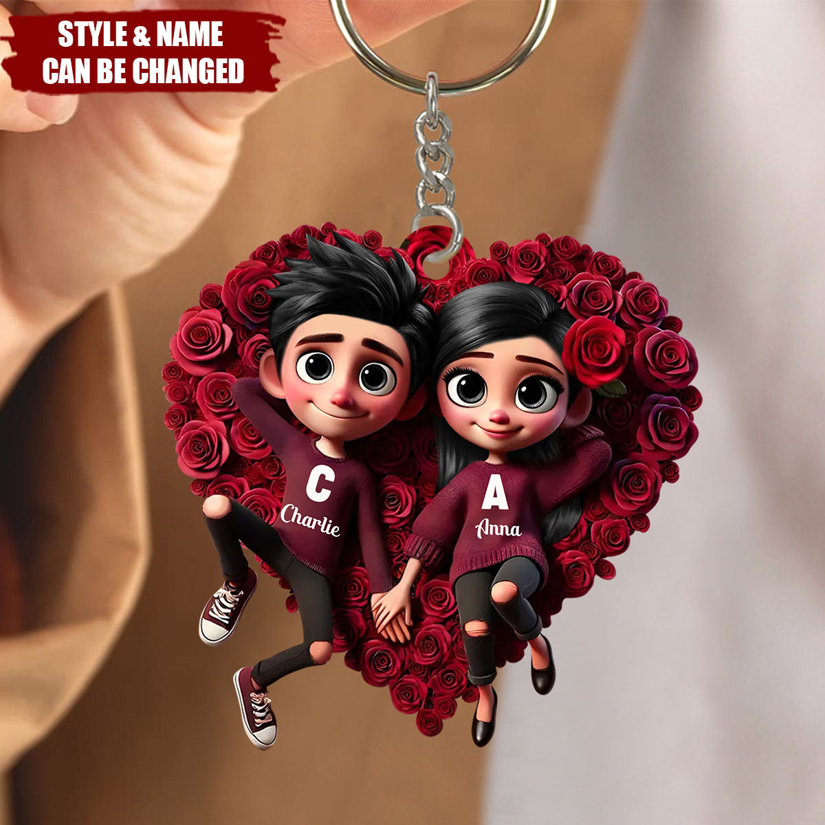 Personalized Couple Keychain: Custom Name Rose Heart Gift for Him & Her