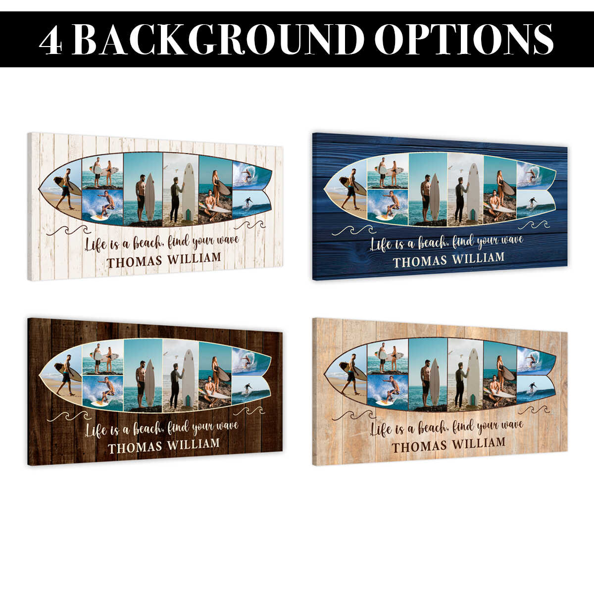 Personalized Surfboard Photo Canvas: 'Life is a Beach, Find Your Wave' Wall Art