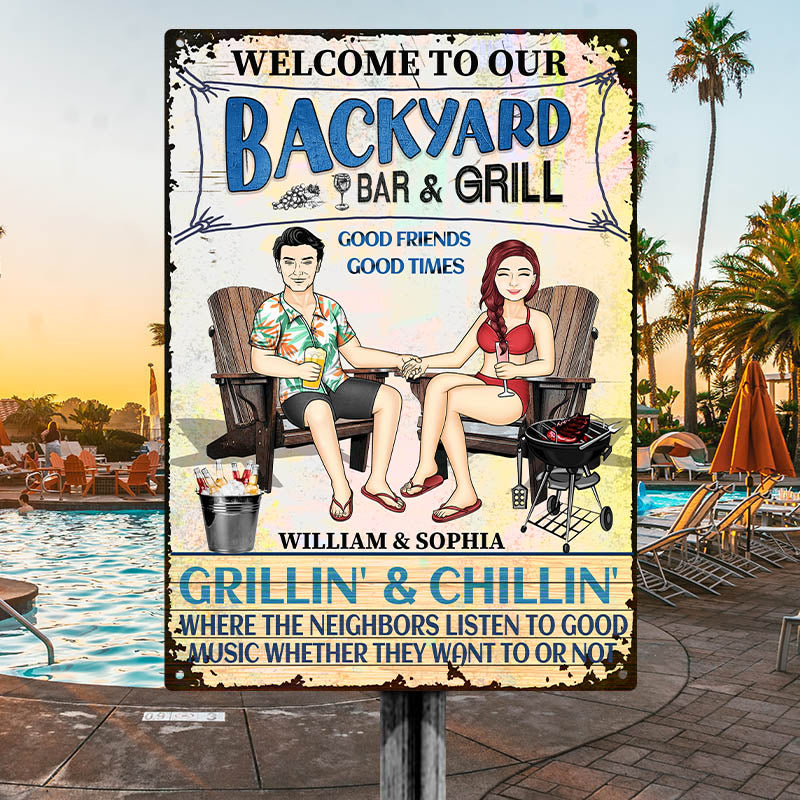 Personalized Couple's Backyard Bar & Grill Metal Sign - Grillin' & Chillin'