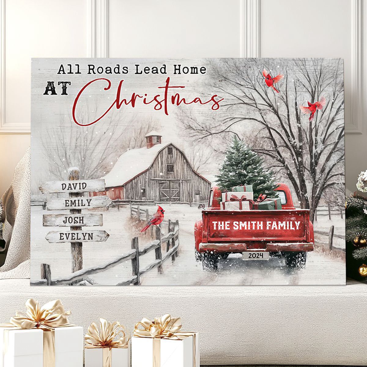 Customizable ‘All Roads Lead Home at Christmas’ Canvas / Poster - Personalize Names & Year