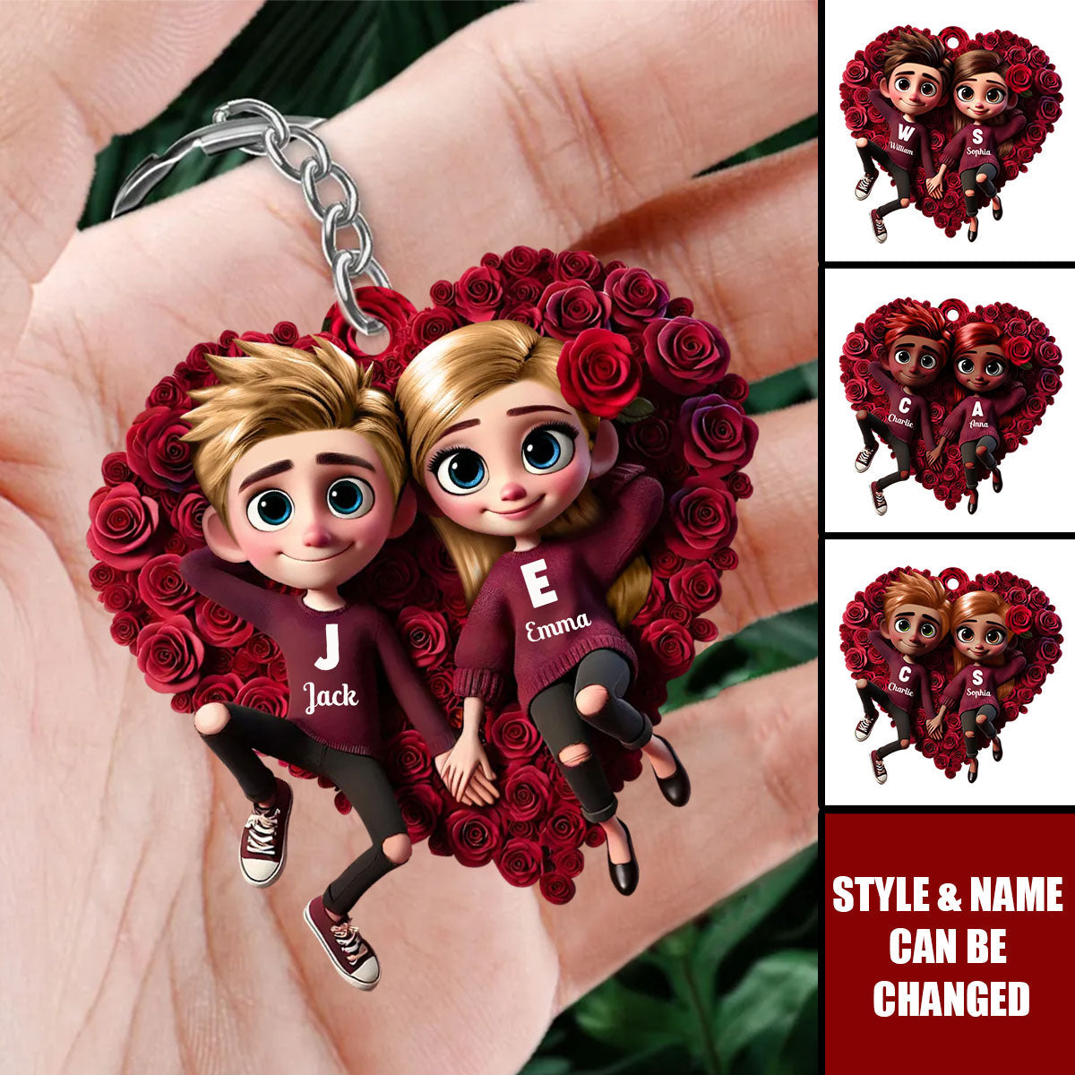 Personalized Couple Keychain: Custom Name Rose Heart Gift for Him & Her