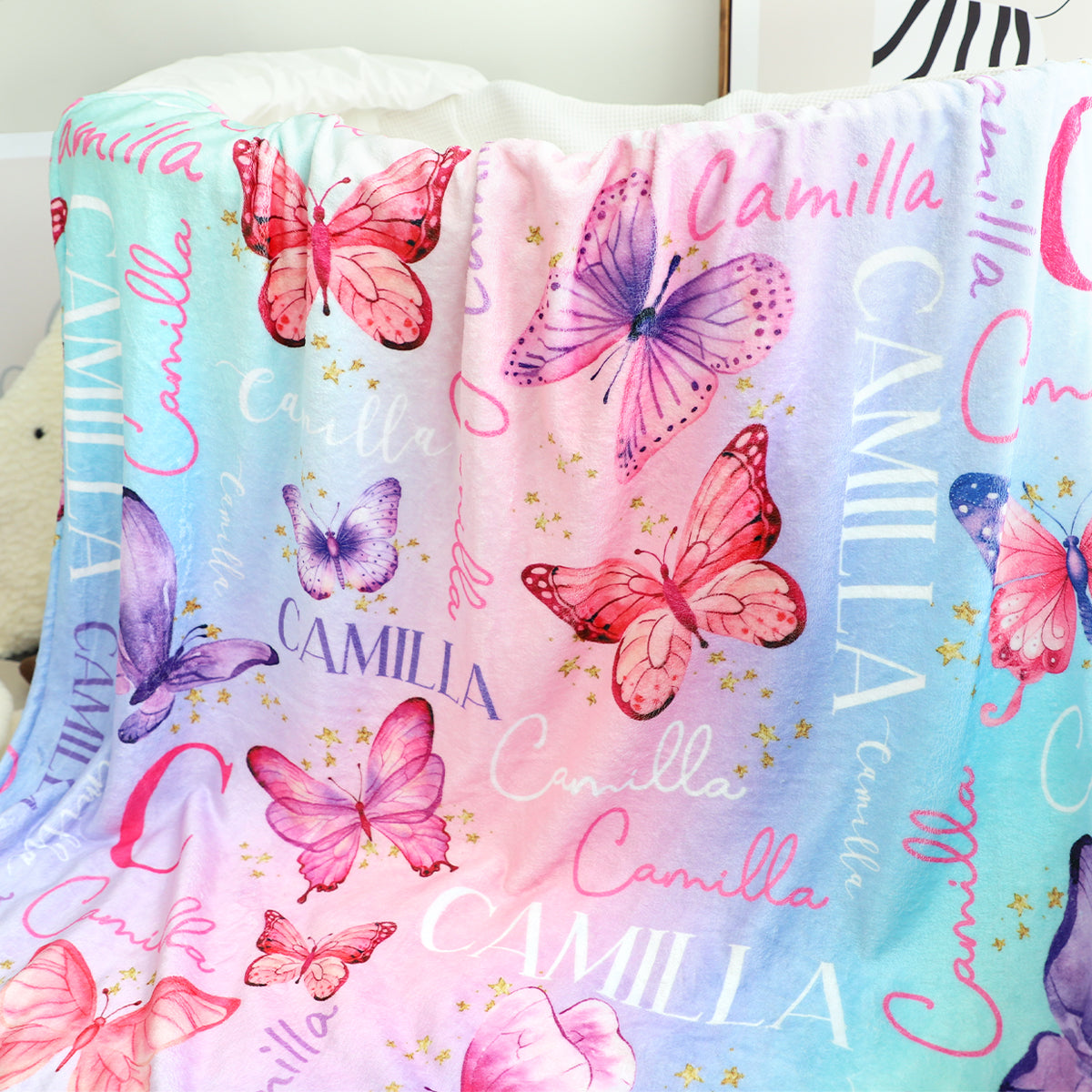 Her Name in Butterflies: Custom Watercolor Pink Blanket - A Unique Gift for Girls