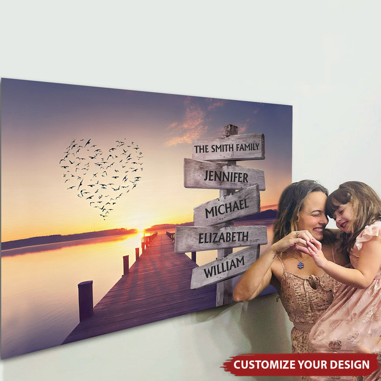 Personalized Family Heart Sunset Pier Canvas - Custom Name Wall Art