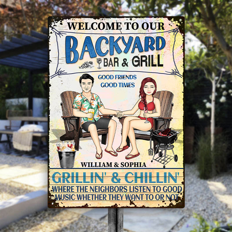 Personalized Couple's Backyard Bar & Grill Metal Sign - Grillin' & Chillin'