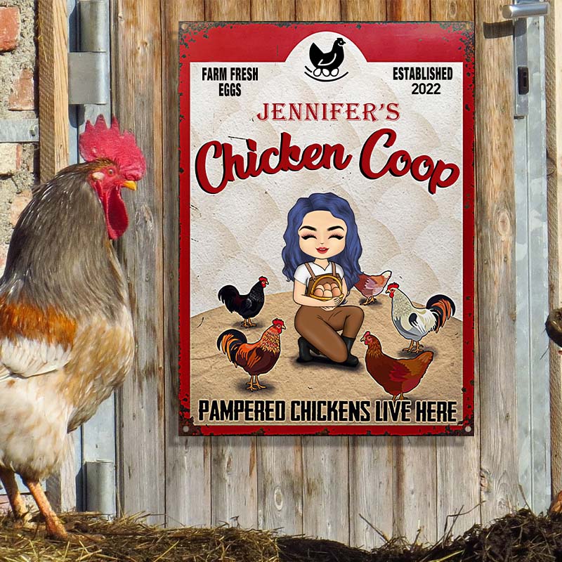 Personalized Chicken Coop Metal Sign: Pampered Chickens Live Here Farm Decor