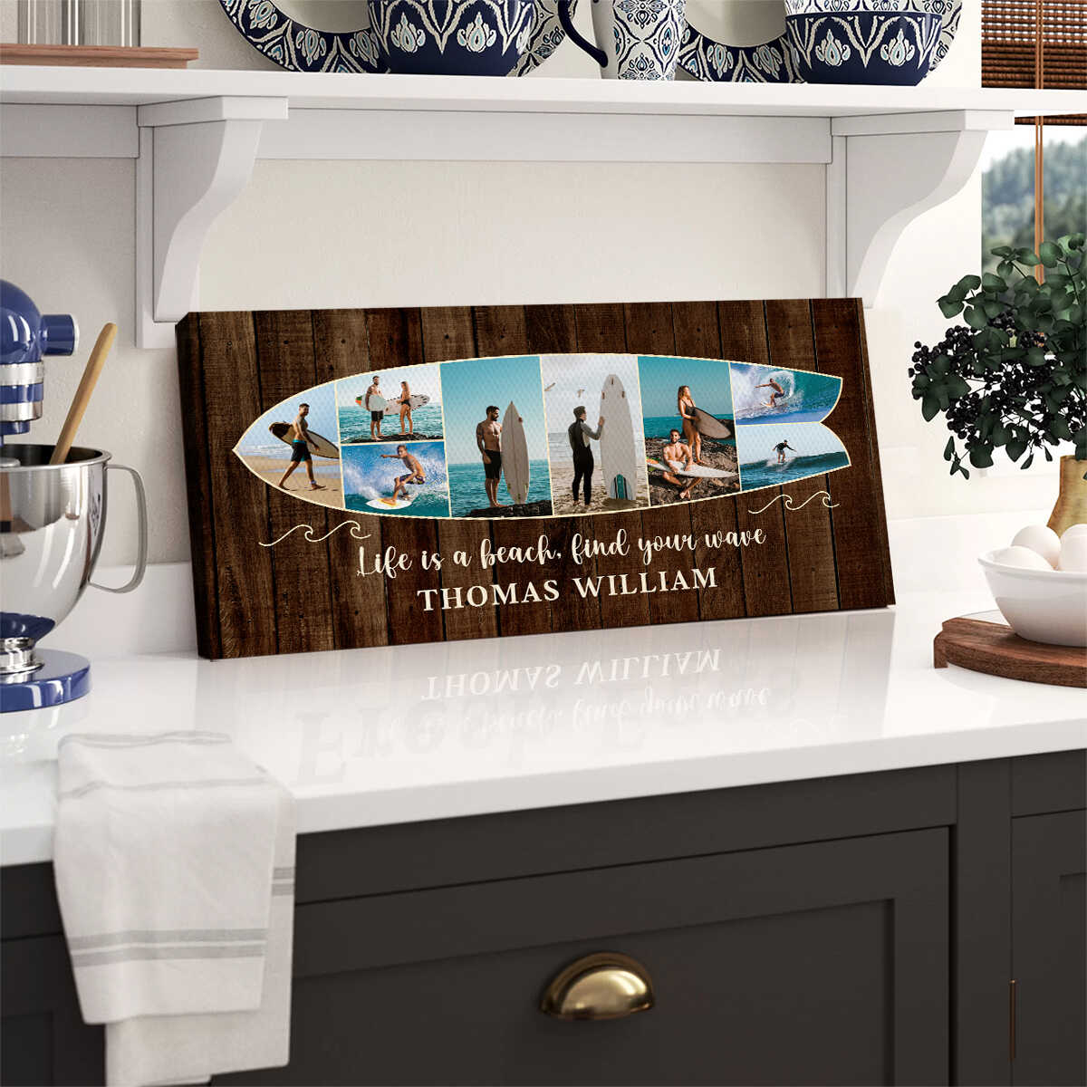 Personalized Surfboard Photo Canvas: 'Life is a Beach, Find Your Wave' Wall Art
