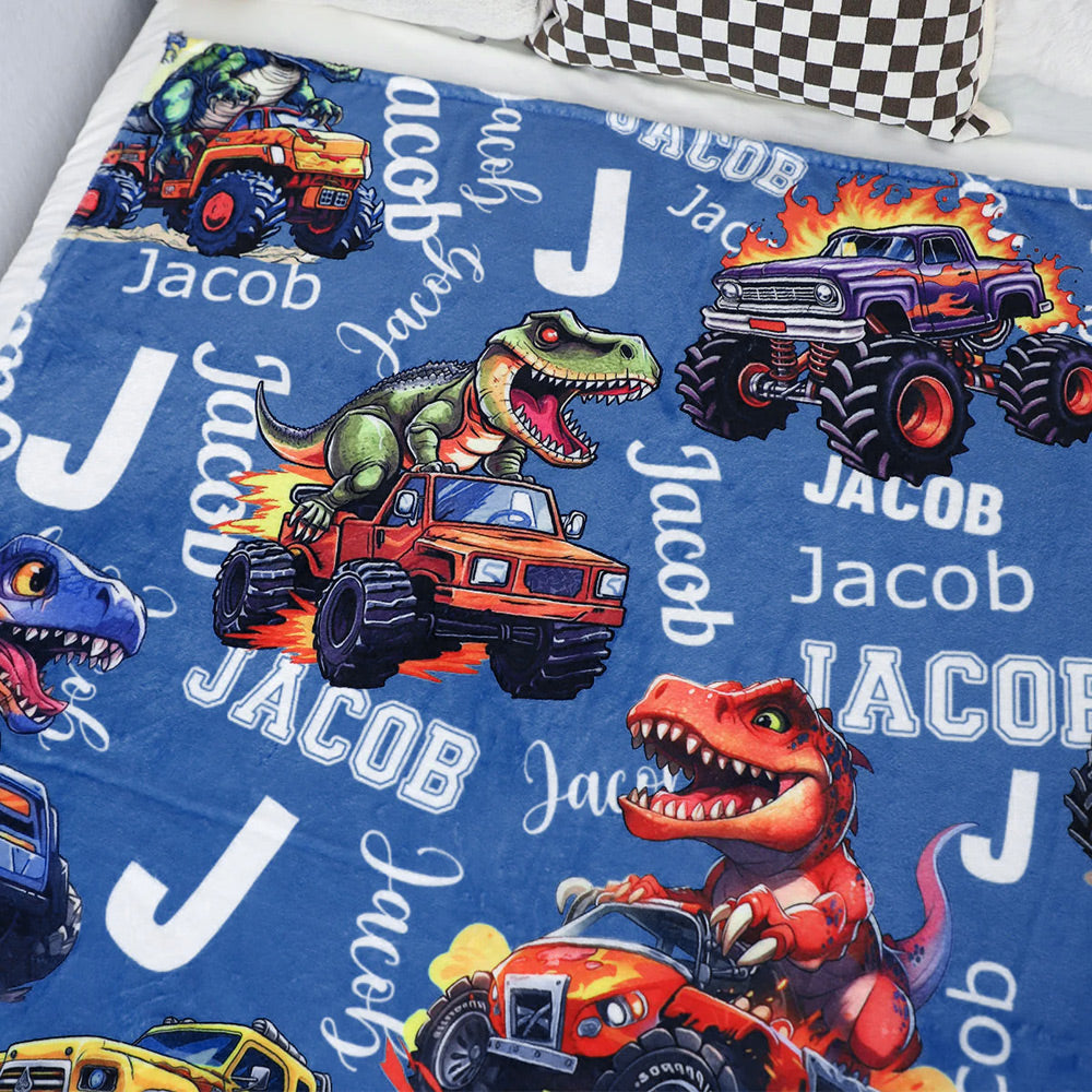 Custom Cartoon Monster Truck & Dinosaur Name Blanket - Kids Gift