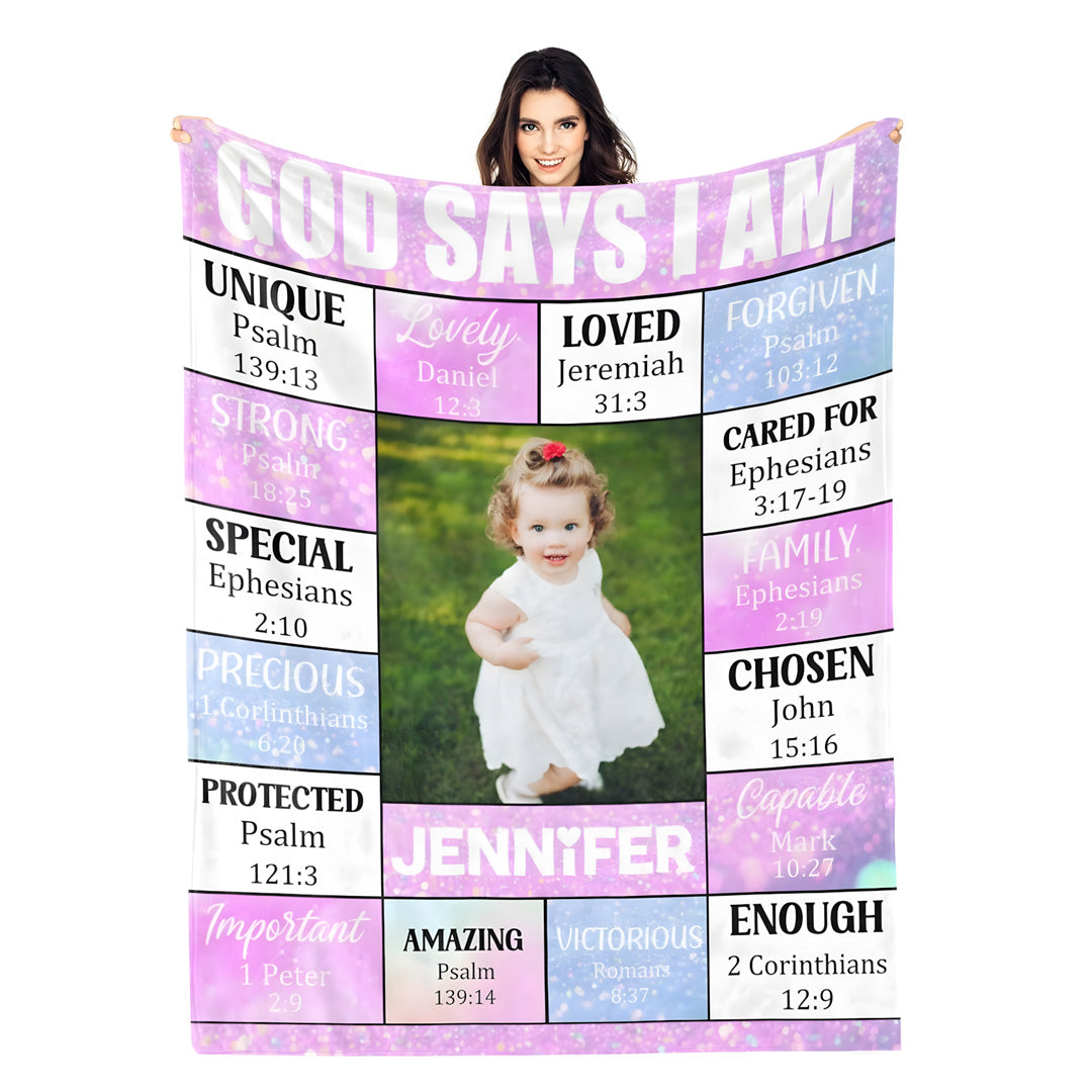Personalized “God Says I Am” Photo Blanket - Perfect Family Gift