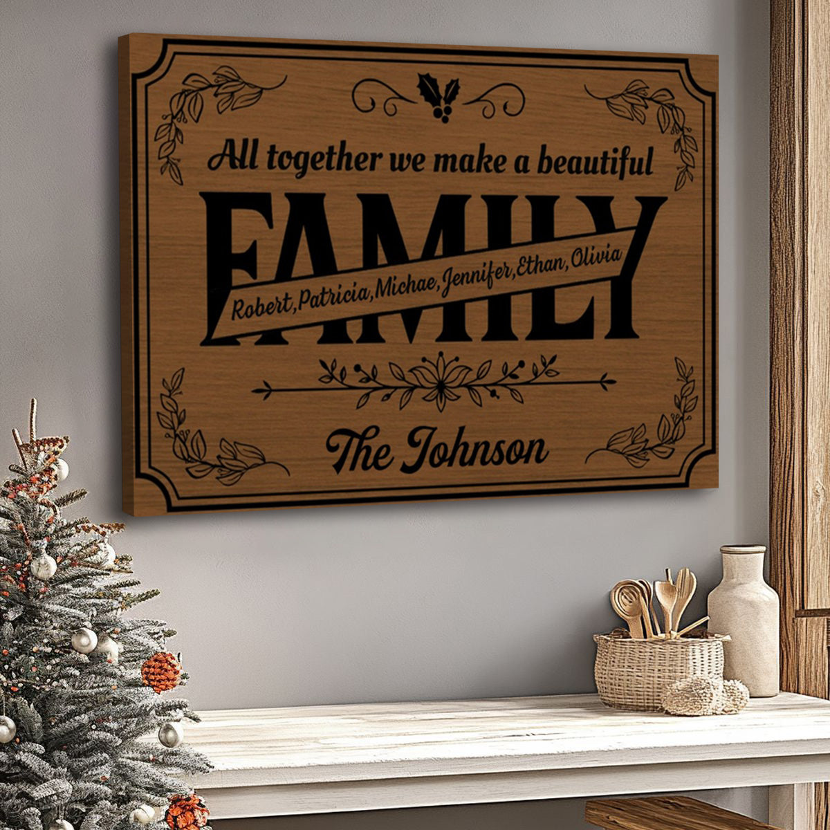 Personalized “Beautiful Family Together” Canvas / poster- Elegant Floral Wreath Design