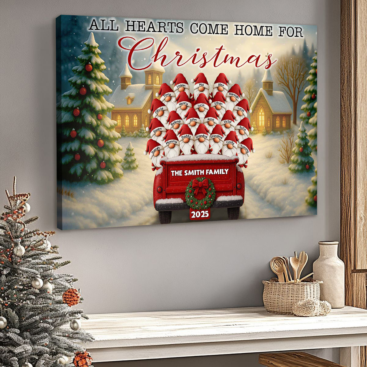 All Hearts Come Home for Christmas: Santa Hats & Red Pickup Truck Custom Canvas / Poster