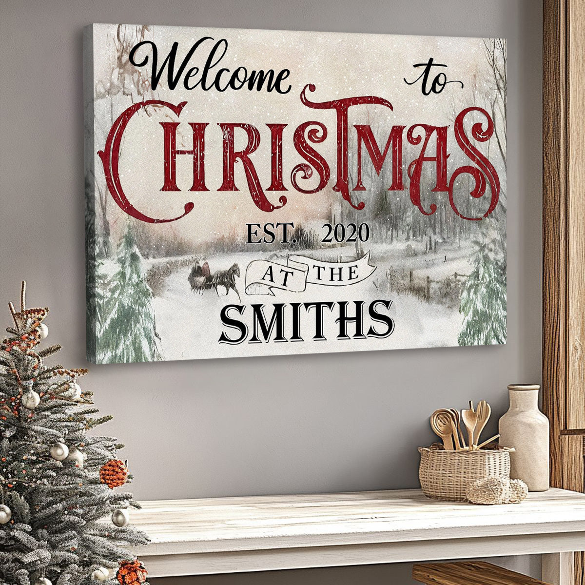 Personalized Christmas Welcome Canvas / poster - Elegant Script & Serene Winter Landscape