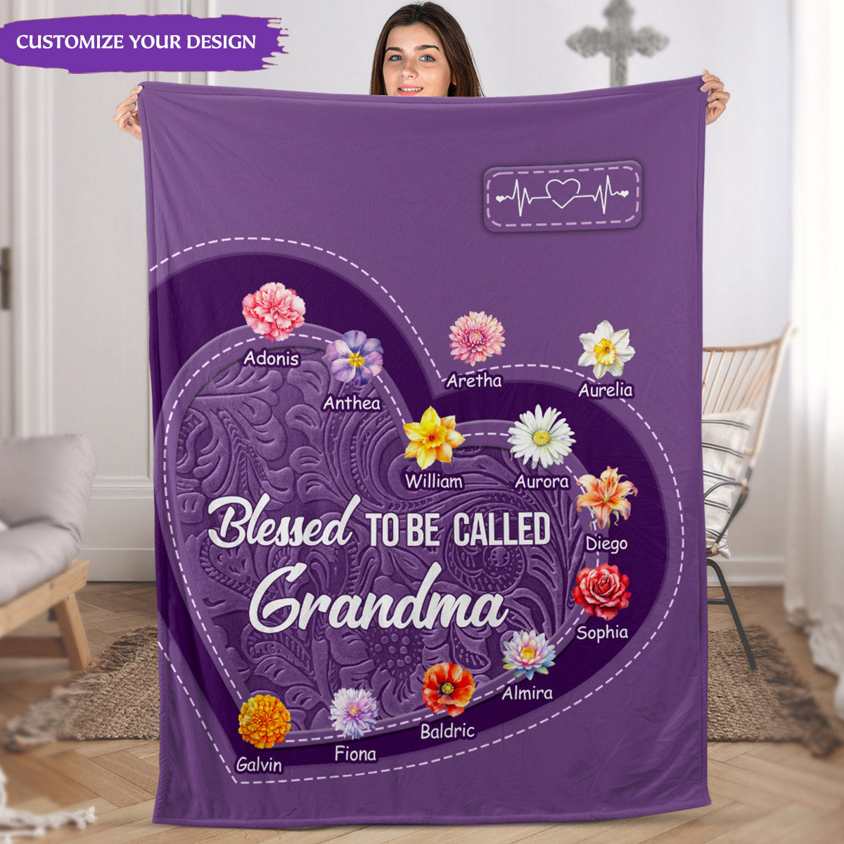 Personalized Floral Blanket with Grandkids Names | Custom Gift for Grandma, Nana, Mimi