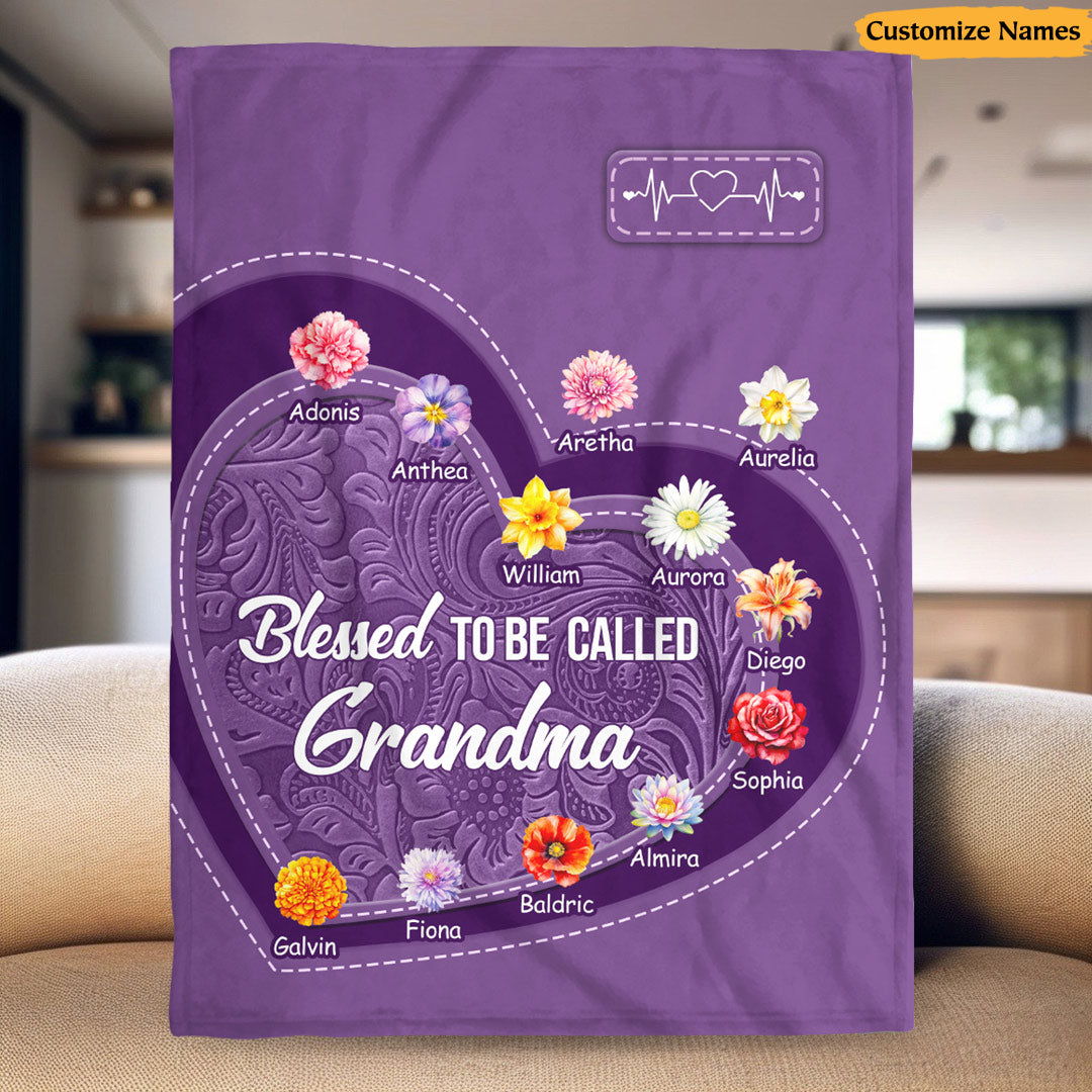 Personalized Floral Blanket with Grandkids Names | Custom Gift for Grandma, Nana, Mimi