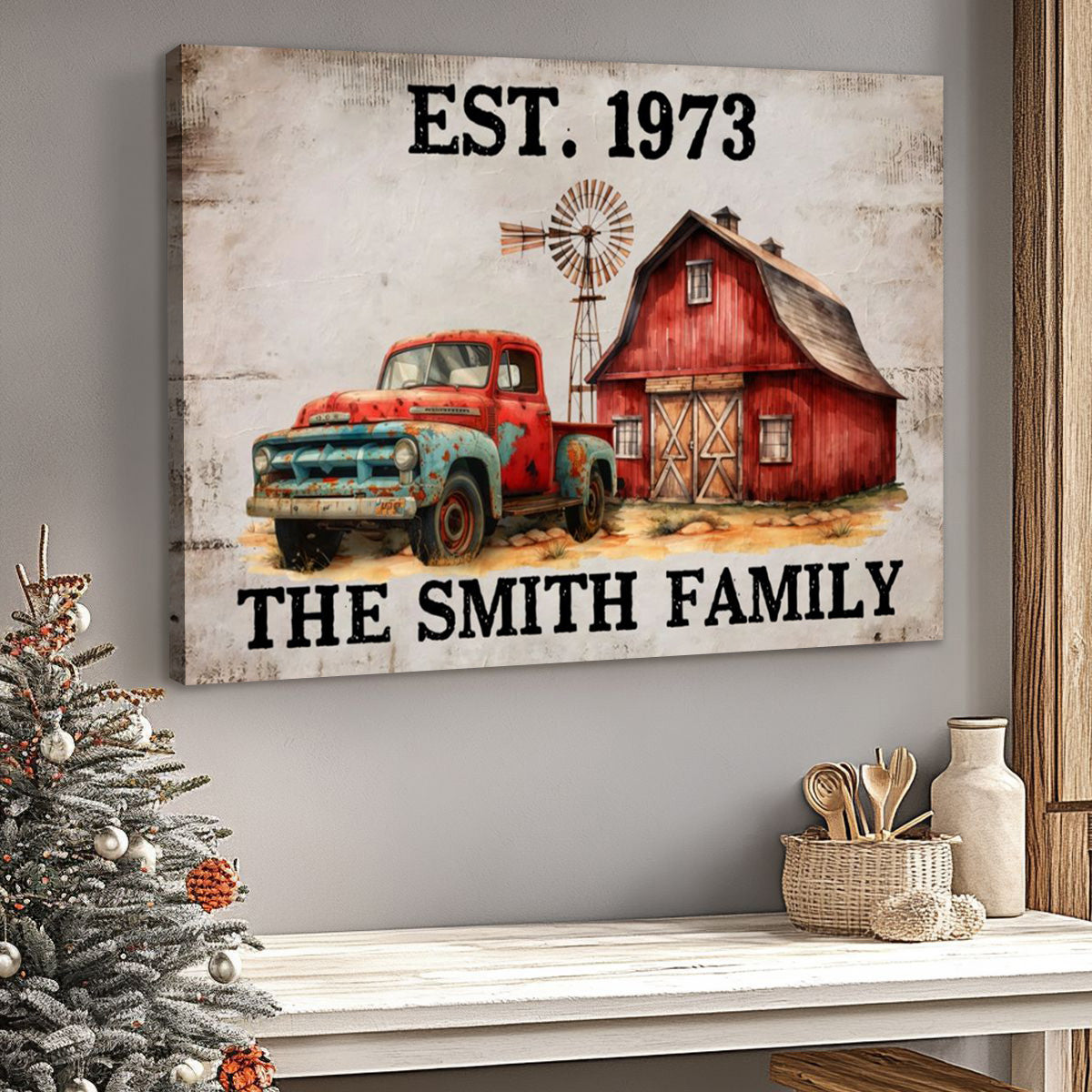 Custom Family Name Canvas / Poster - Featuring a Home Truck & Barn | Personalize with Family's Name & Year
