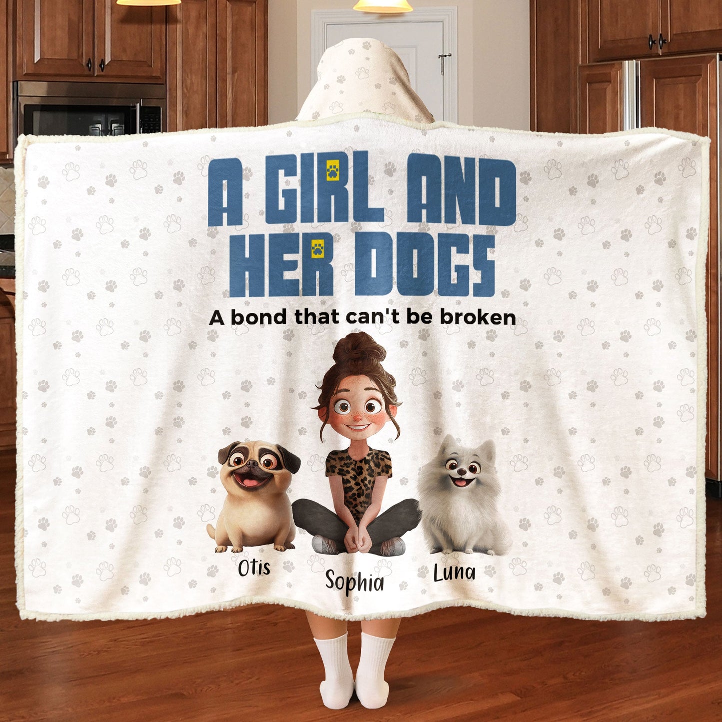 A Girl And Her Dogs - Personalized Wearable Hoodie Blanket