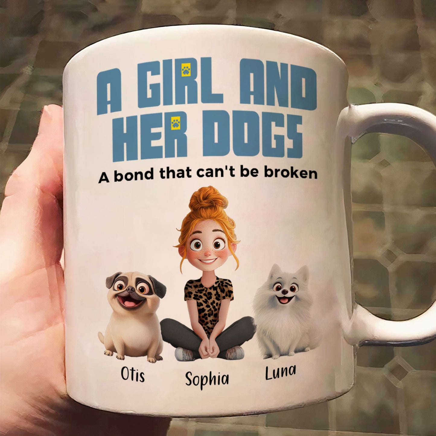 Personalized Dog Mom Mug: 'A Girl & Her Dogs, A Bond That Can't Be Broken'