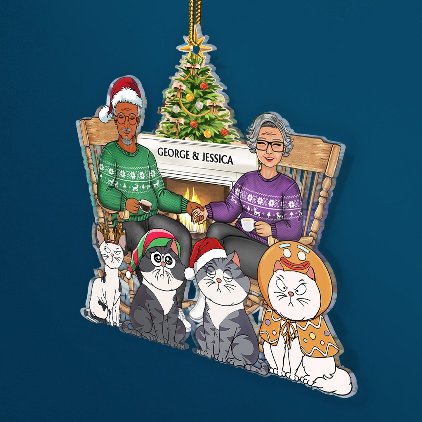 Personalized Christmas Ornament with Couple, Pets & Names - Custom Keepsake