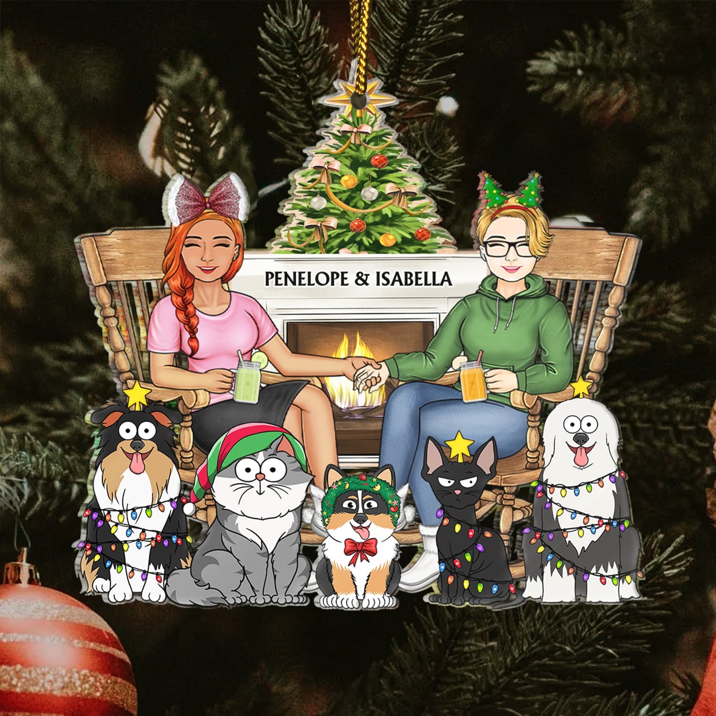 Personalized Christmas Ornament with Couple, Pets & Names - Custom Keepsake
