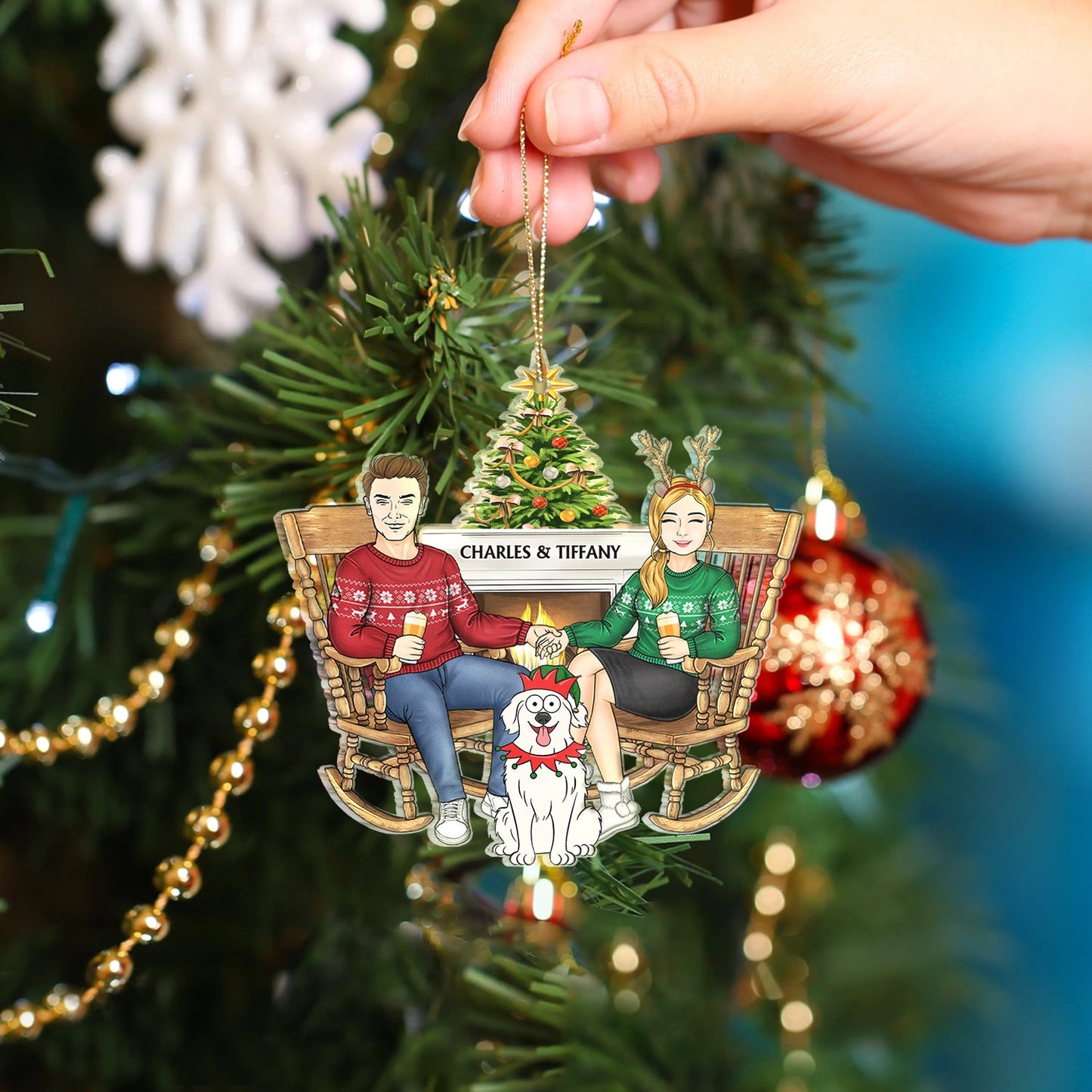 Personalized Christmas Ornament with Couple, Pets & Names - Custom Keepsake