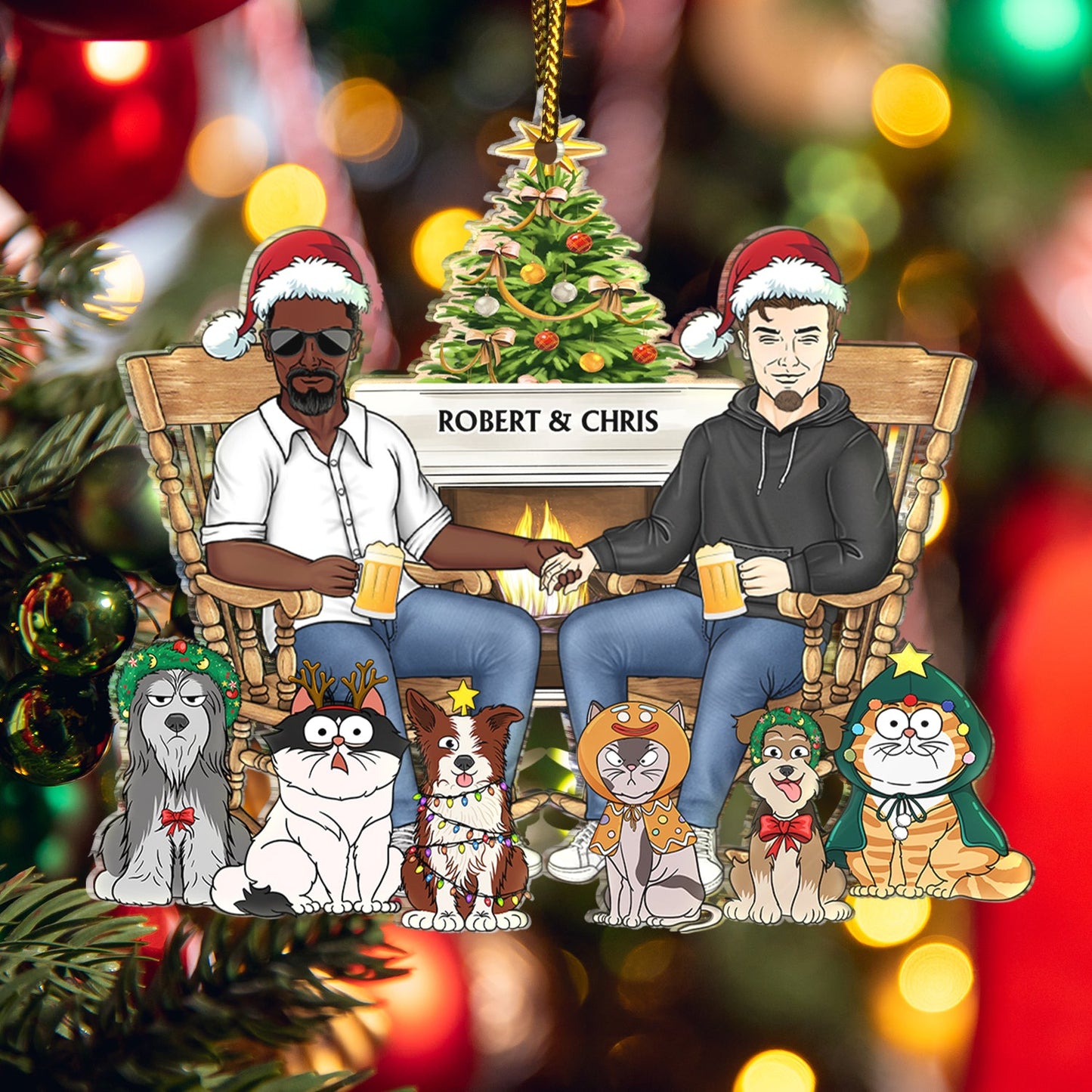 Personalized Christmas Ornament with Couple, Pets & Names - Custom Keepsake