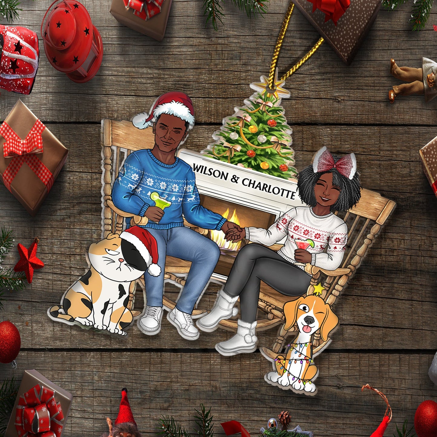 Personalized Christmas Ornament with Couple, Pets & Names - Custom Keepsake