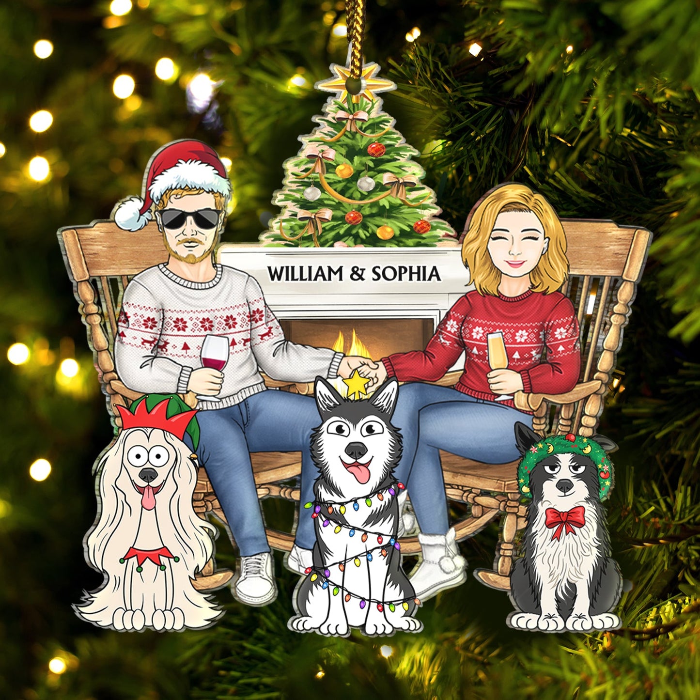 Personalized Christmas Ornament with Couple, Pets & Names - Custom Keepsake