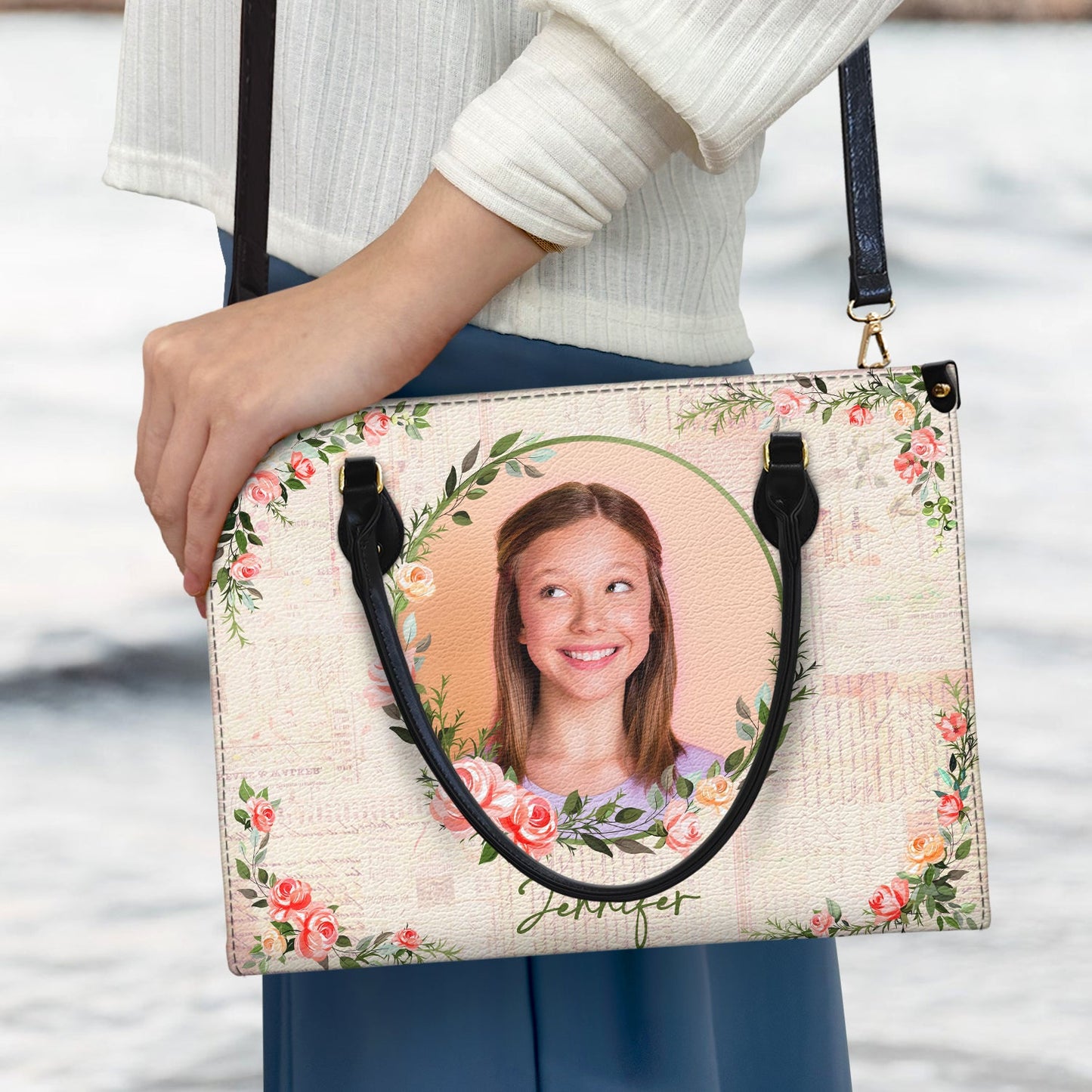Heartfelt Personalized Photo Leather Bag - Custom Floral Gift For Her