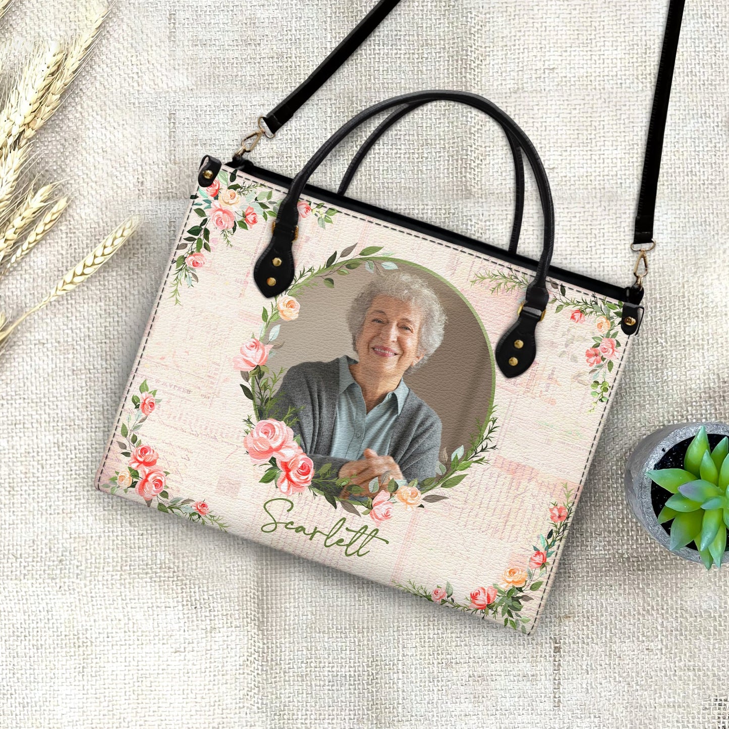 Heartfelt Personalized Photo Leather Bag - Custom Floral Gift For Her
