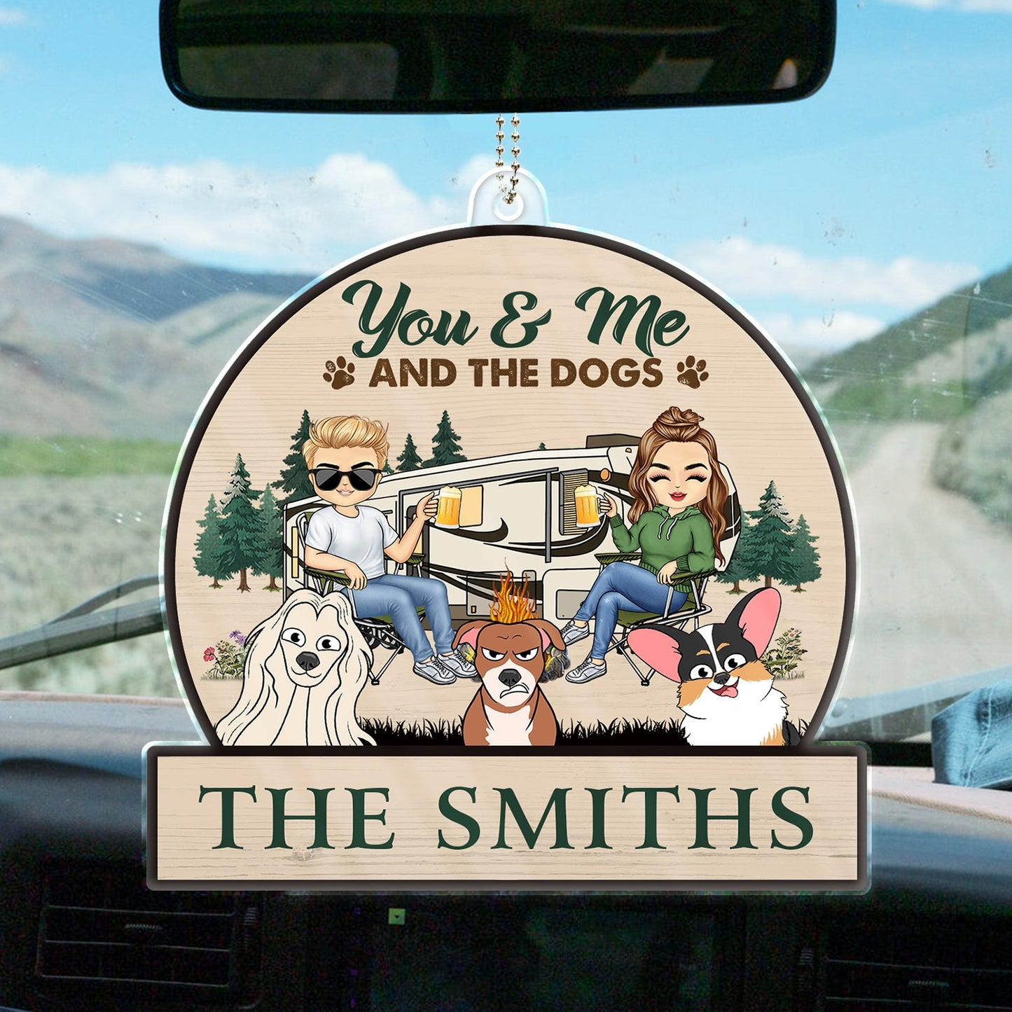 Personalized 'You & Me & The Dogs' Car Hanger | Gift for Camping Couples