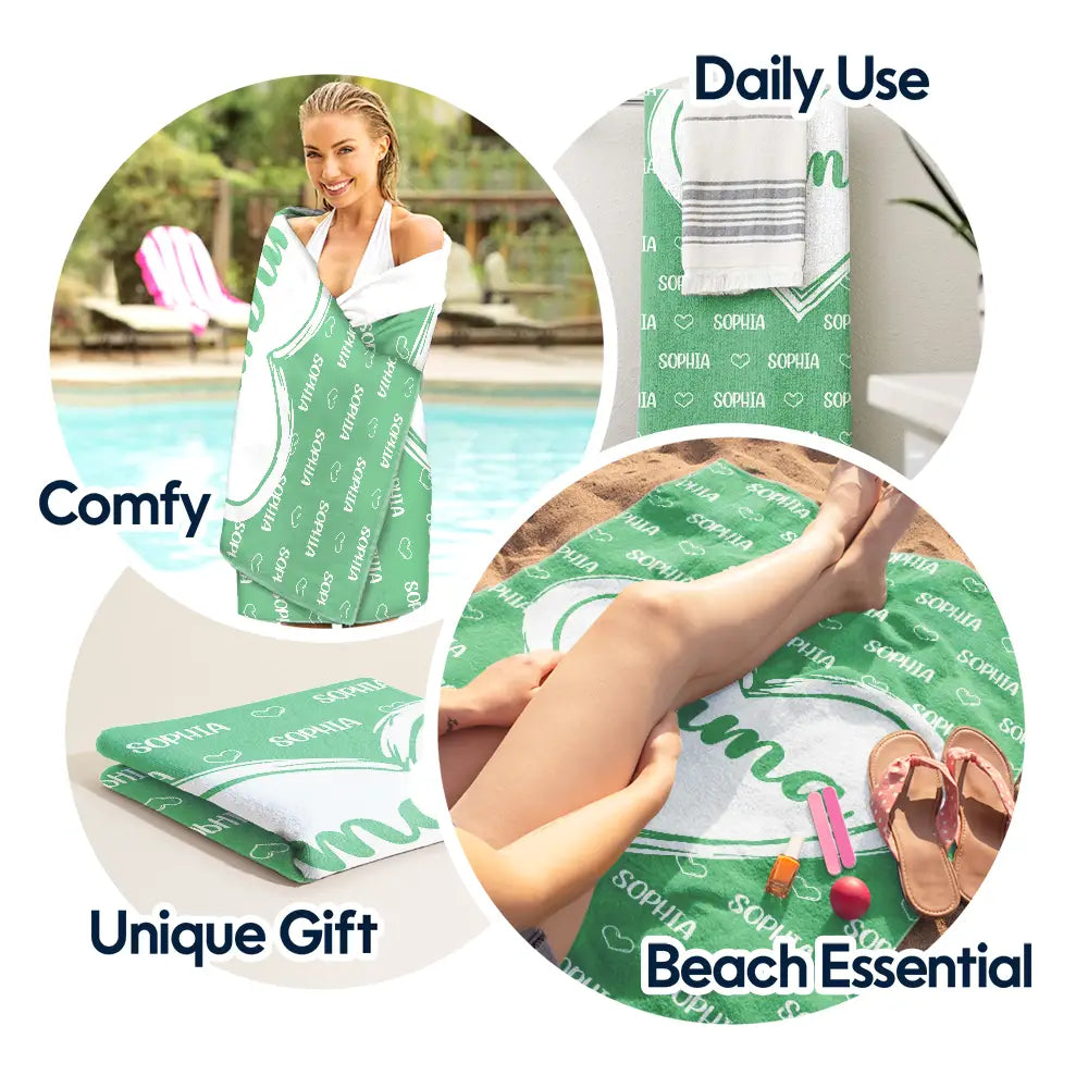 Personalized Nana & Grandkids Name Beach Towel - Custom Gift for Grandma Mom