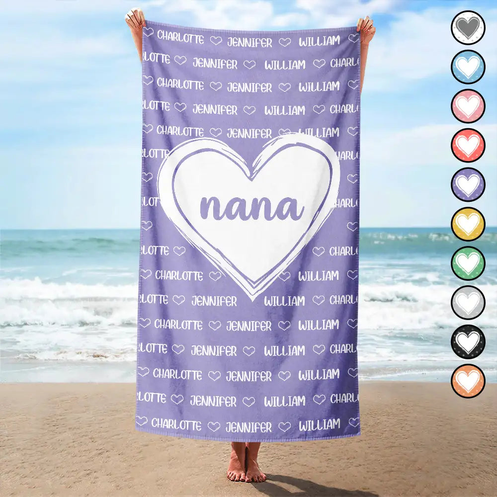 Personalized Nana & Grandkids Name Beach Towel - Custom Gift for Grandma Mom