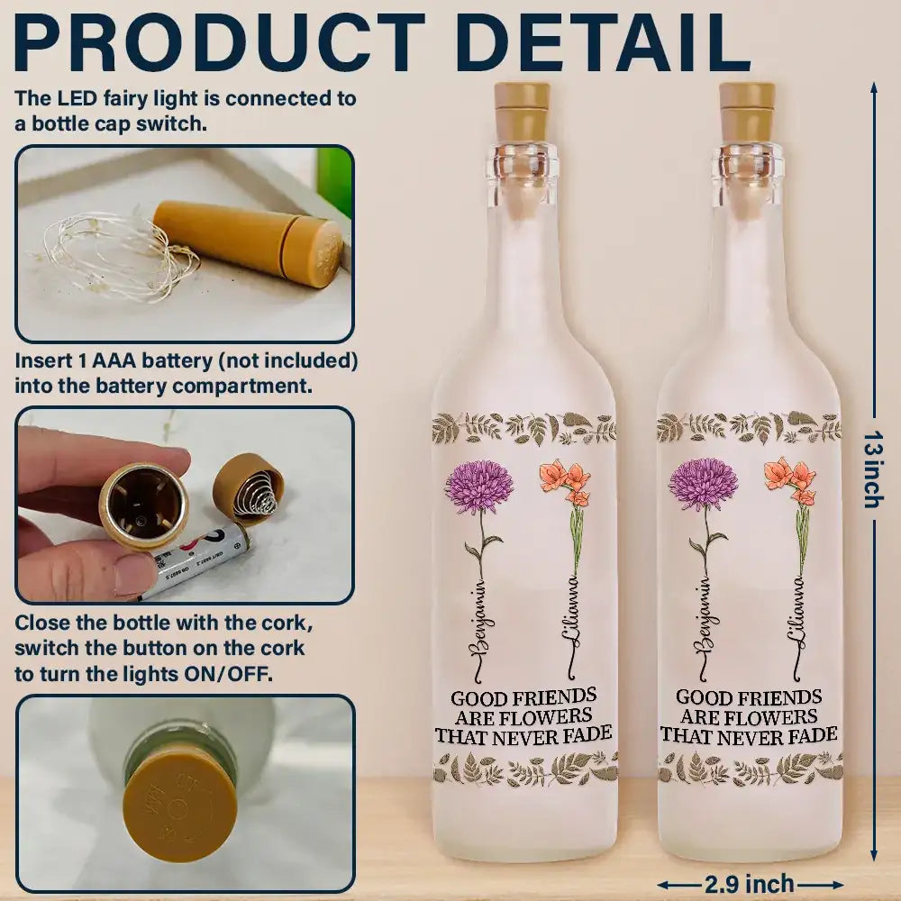 Gift For Bestie - Birth Flower Grow An Old Friend Bestie - Personalized Bottle Light