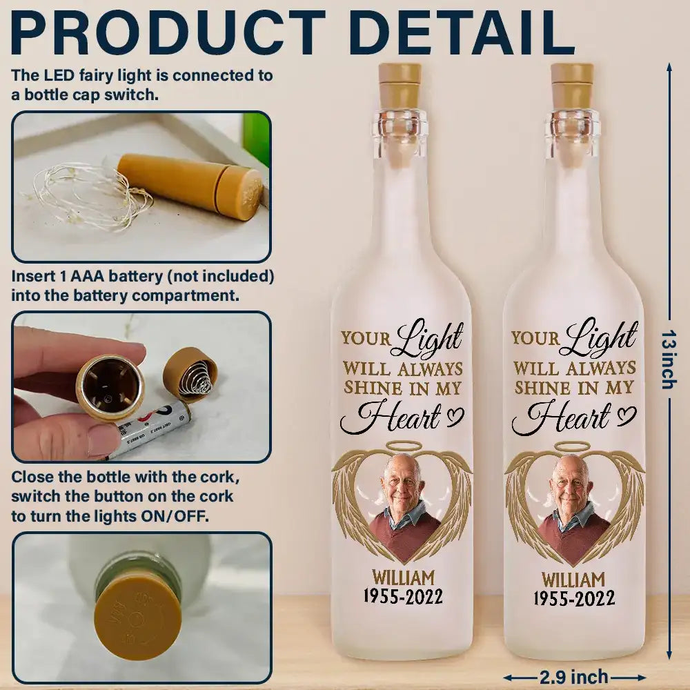 Memorial - Custom Photo Your Light Always Shine In My Heart - Personalized Bottle Light