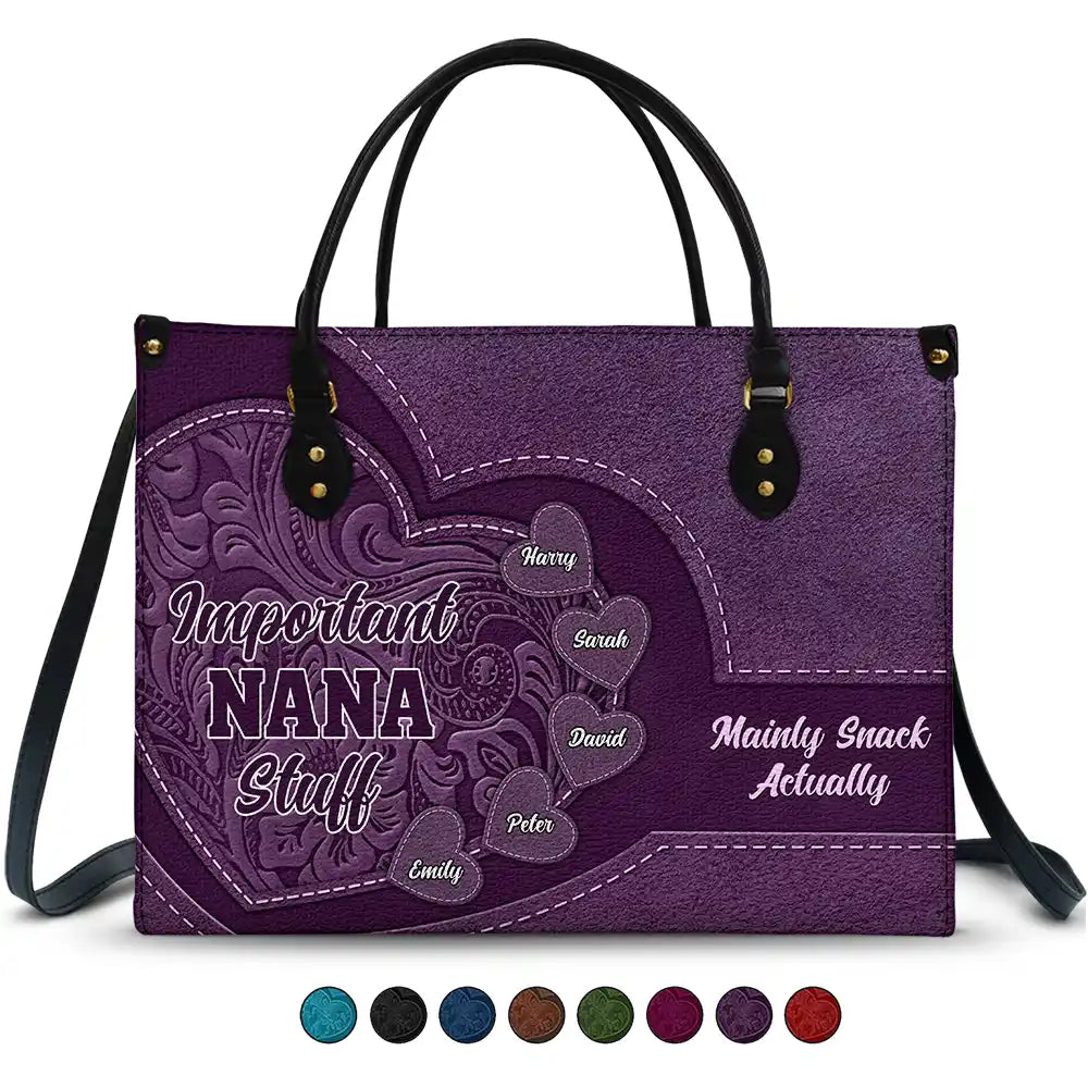 Personalized 'Important Nana Stuff' Leather Tote Bag for Grandmothers