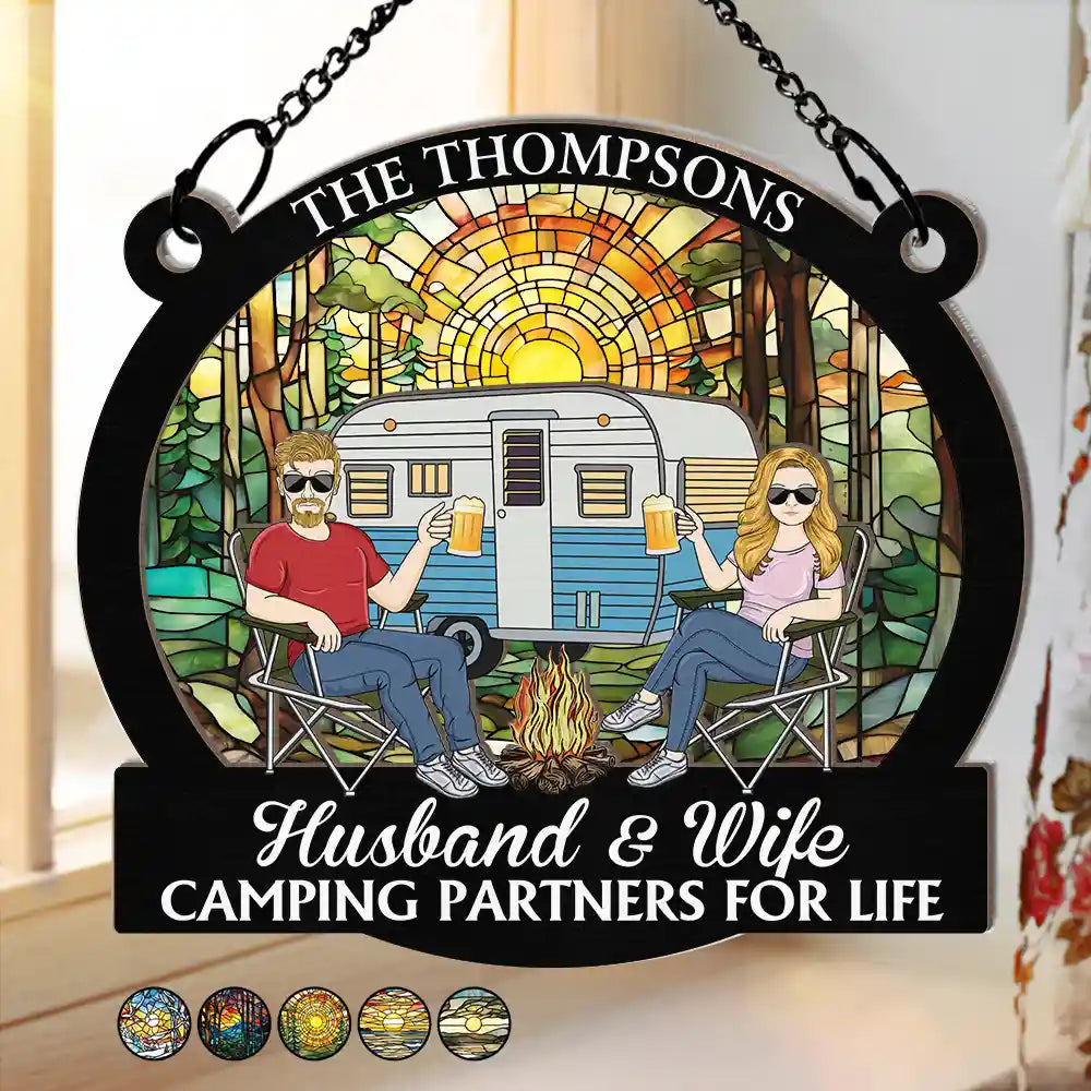 Personalized 'Husband & Wife Camping Partners For Life' Suncatcher Ornament