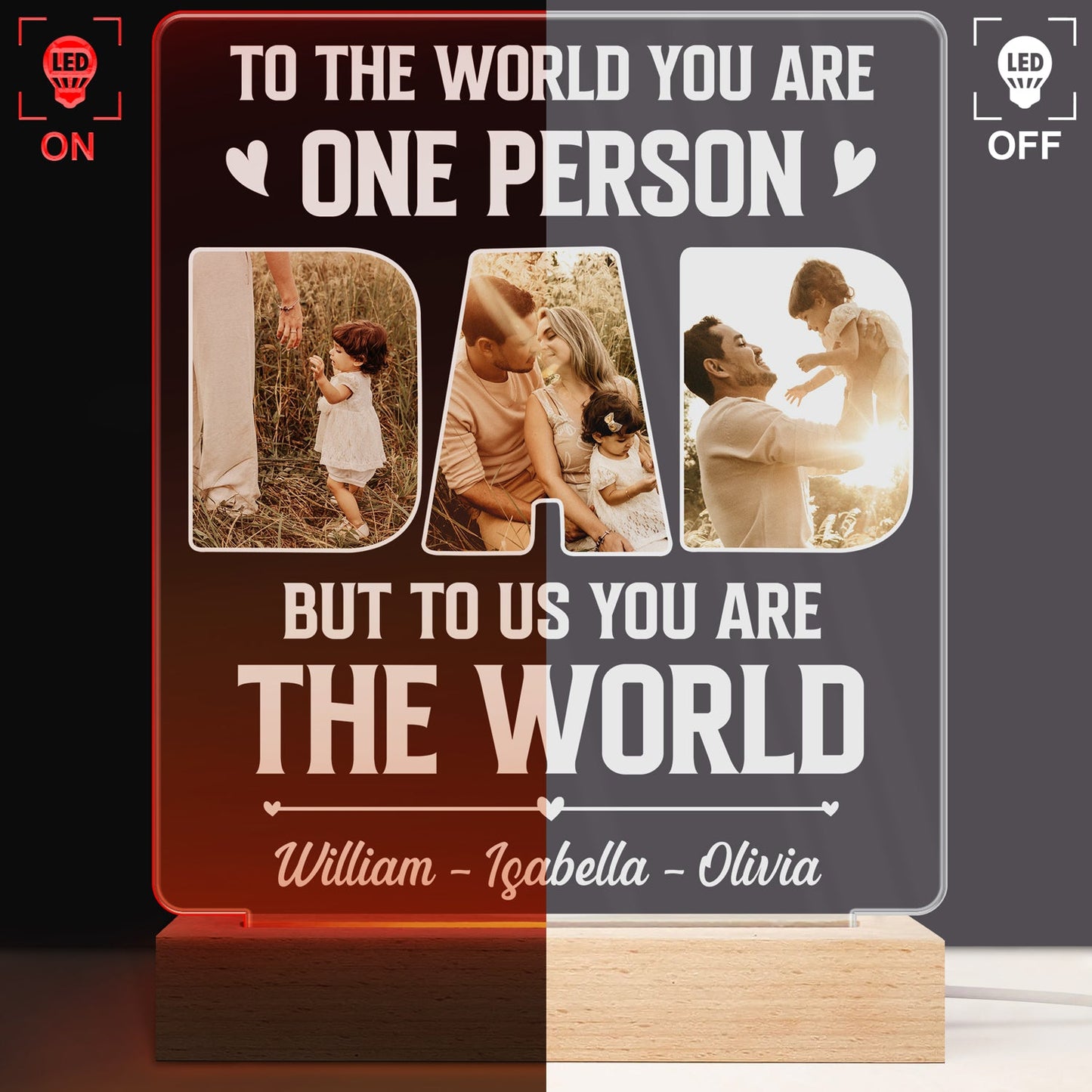 Personalized Photo Dad 3D LED Night Light - 'You Are The World' Father's Day Gift