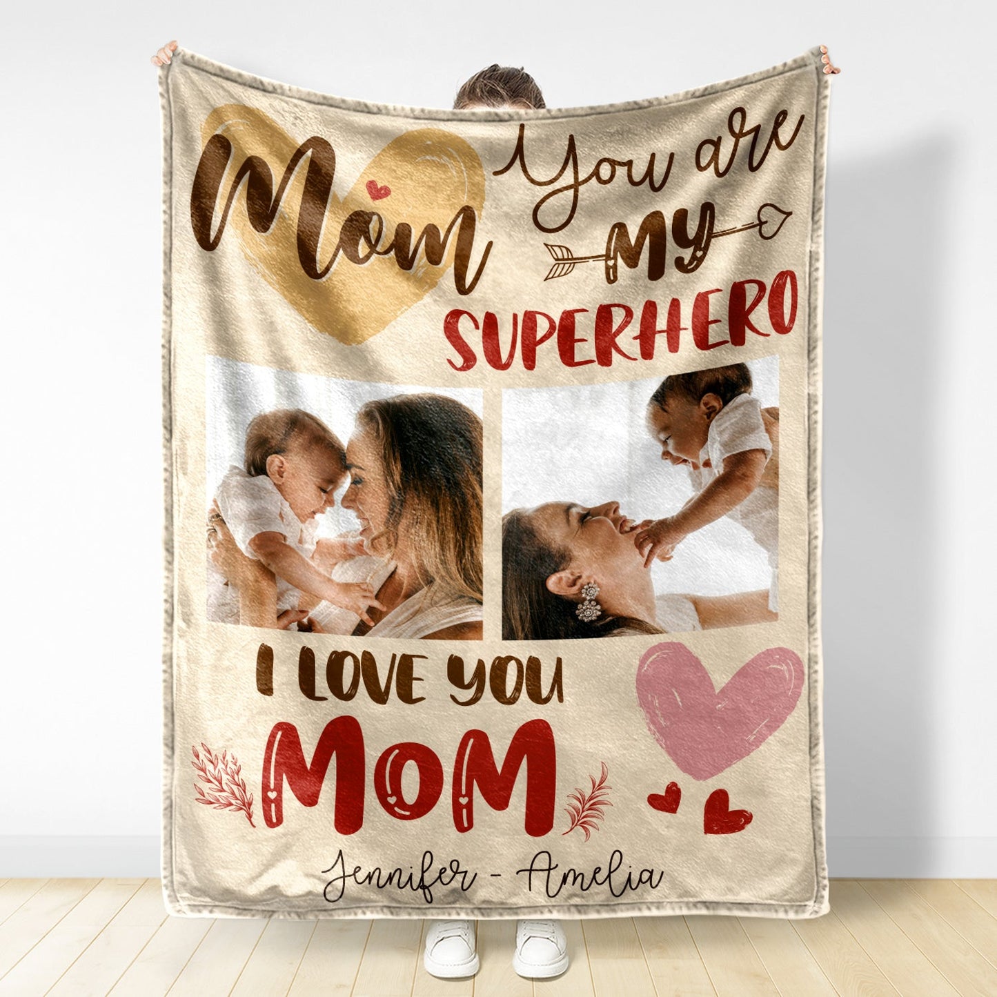 Heartfelt 'Mom Our Superhero' Custom Photo Blanket - Personalized Gift for Mom.
