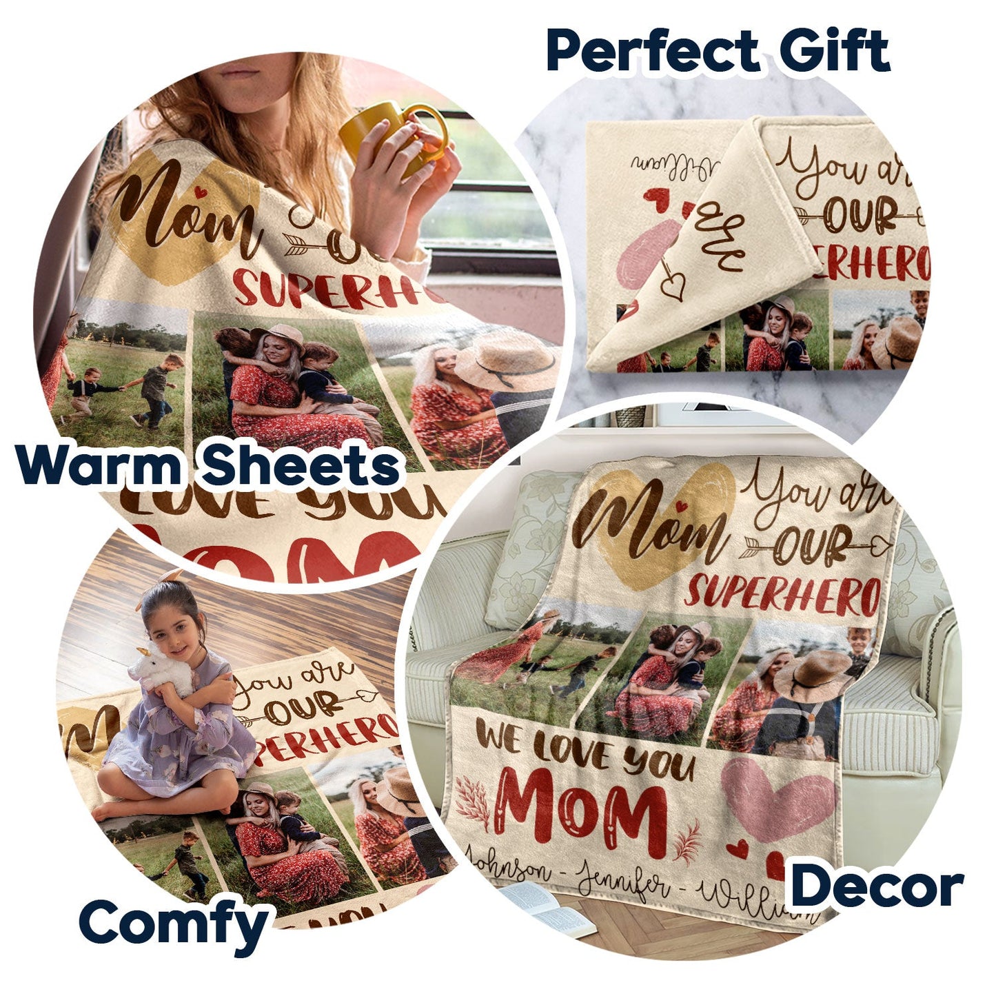 Heartfelt 'Mom Our Superhero' Custom Photo Blanket - Personalized Gift for Mom.