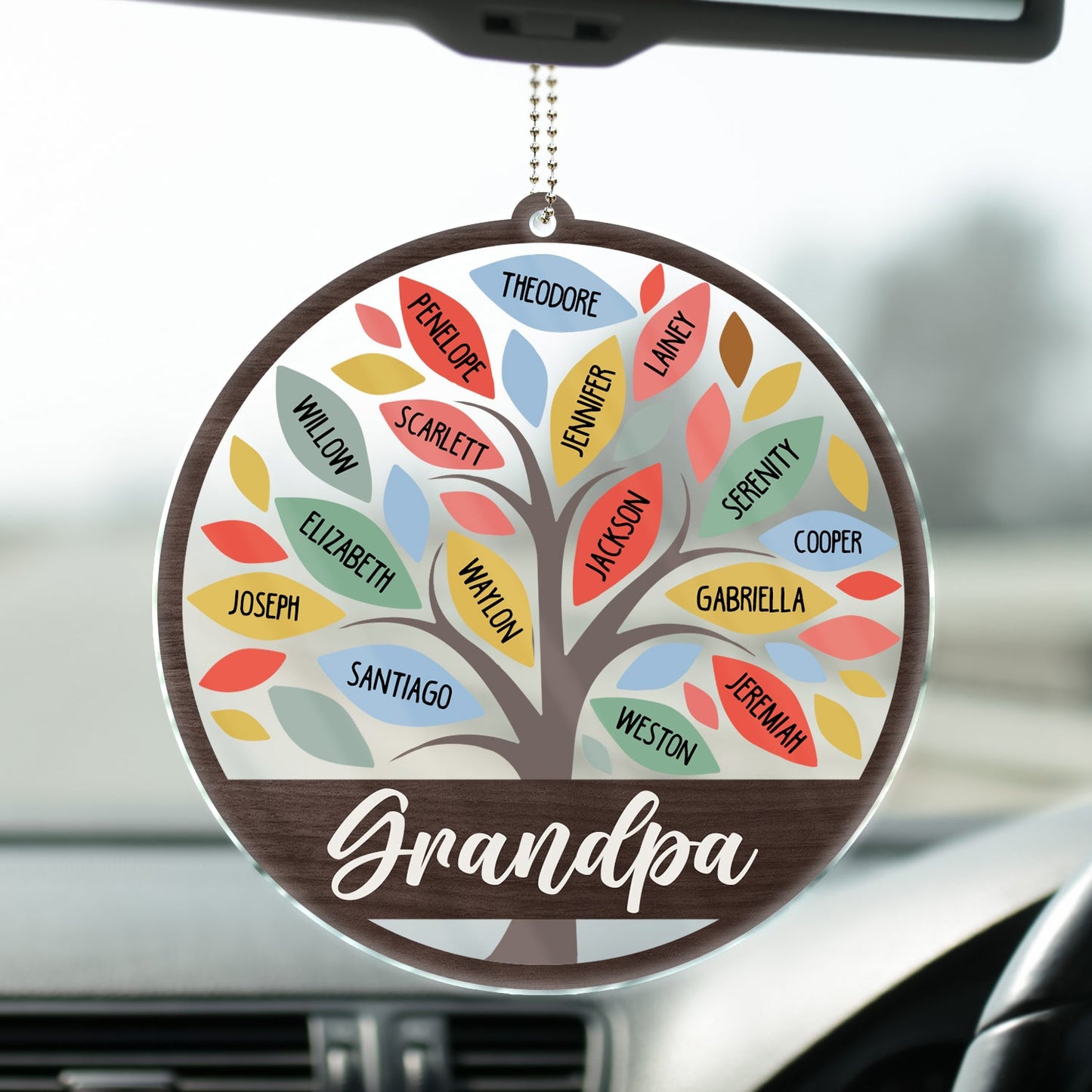Personalized Family Tree Car Hanger for Grandpa & Dad - Custom Names