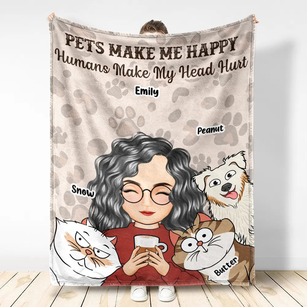 Pet Lovers, Cat Lovers, Dog Lovers, Gift For Yourself - Pet Lovers Cats Make Me Happy Humans Make My Head Hurt - Personalized Fleece Blanket, Sherpa Blanket