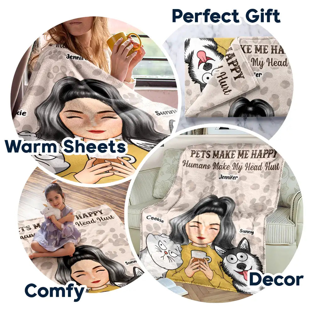 Pet Lovers, Cat Lovers, Dog Lovers, Gift For Yourself - Pet Lovers Cats Make Me Happy Humans Make My Head Hurt - Personalized Fleece Blanket, Sherpa Blanket
