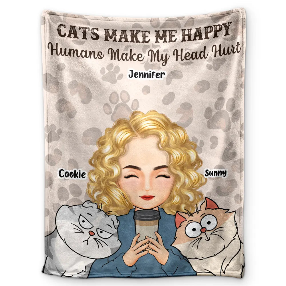 Pet Lovers, Cat Lovers, Dog Lovers, Gift For Yourself - Pet Lovers Cats Make Me Happy Humans Make My Head Hurt - Personalized Fleece Blanket, Sherpa Blanket